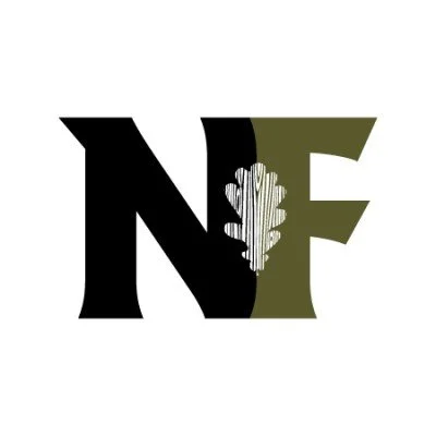 Logo with black letter 'N' and olive green letter 'F' combined with a white tree graphic in the center.