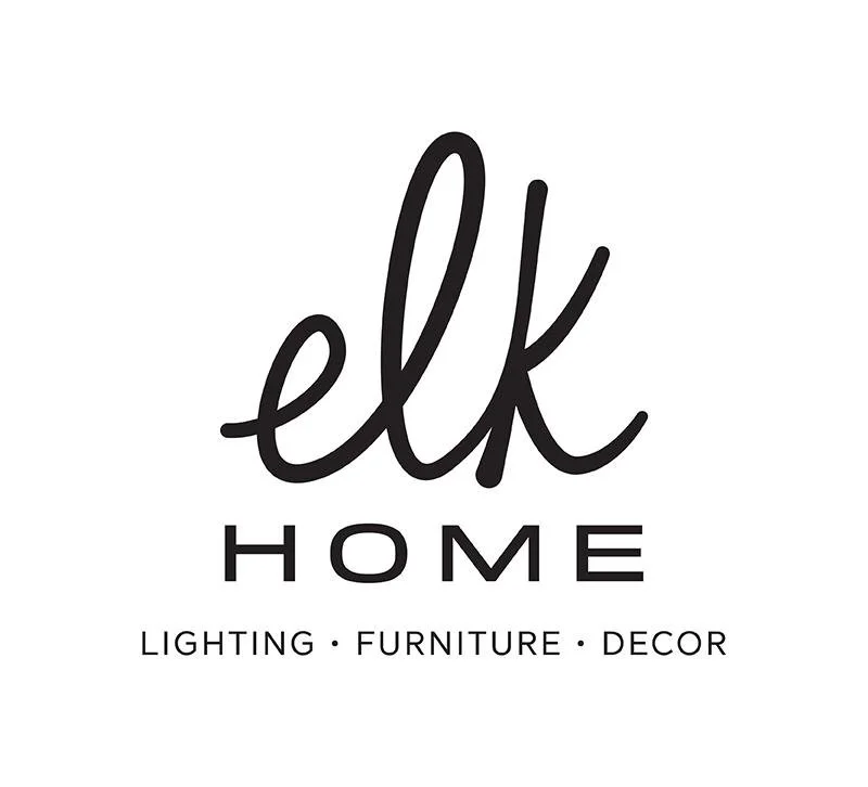 Logo for ELK Home with black cursive letters 'elk' and black text 'HOME' beneath, and smaller text 'Lighting, Furniture, Decor'.
