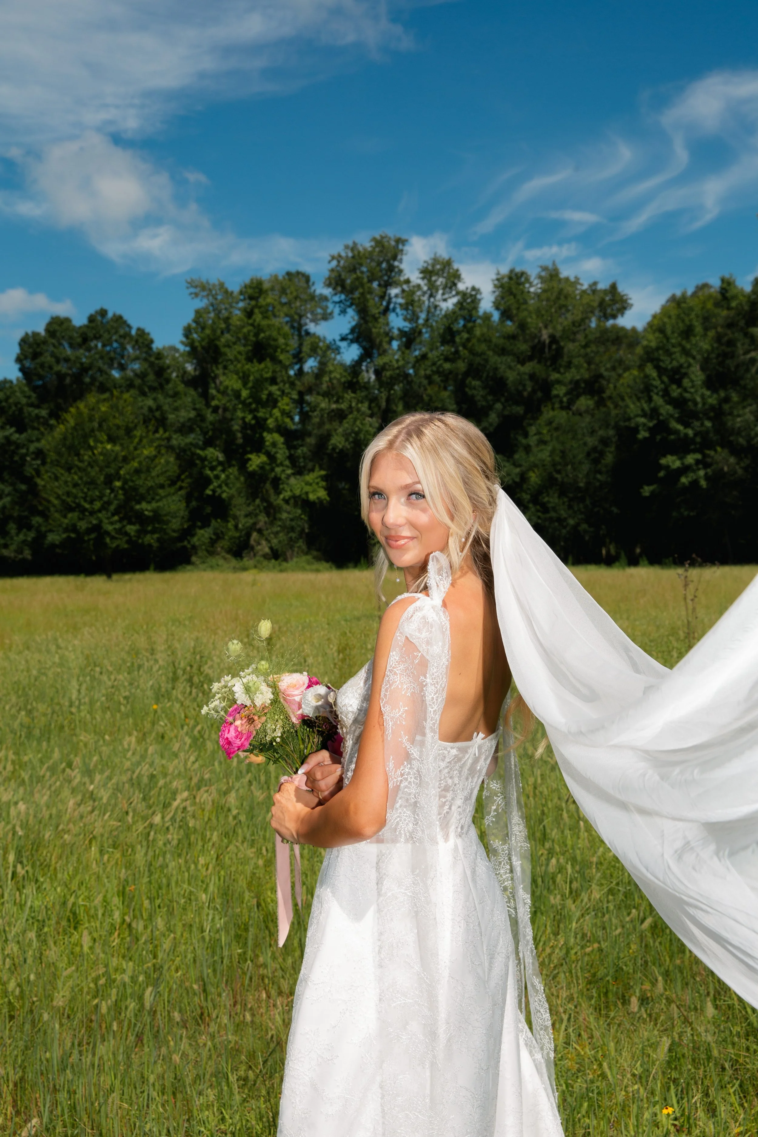 bride in a field, editorial flash photography