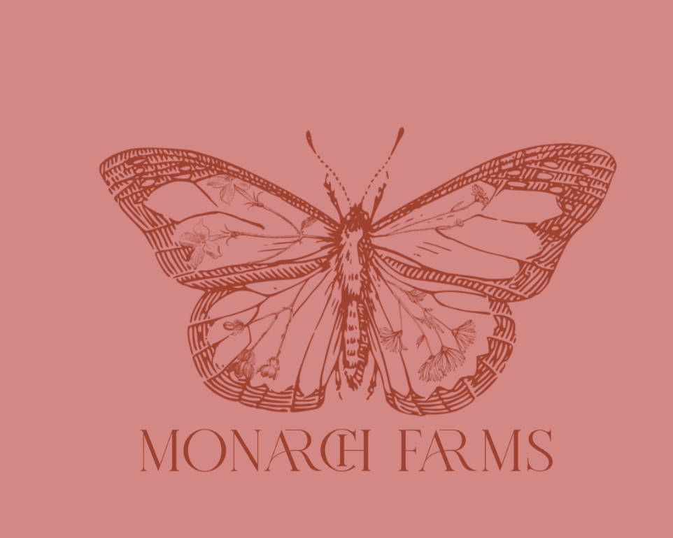 Illustration of a butterfly with floral details on its wings and the text "Monarch Farms" underneath on a pink background.