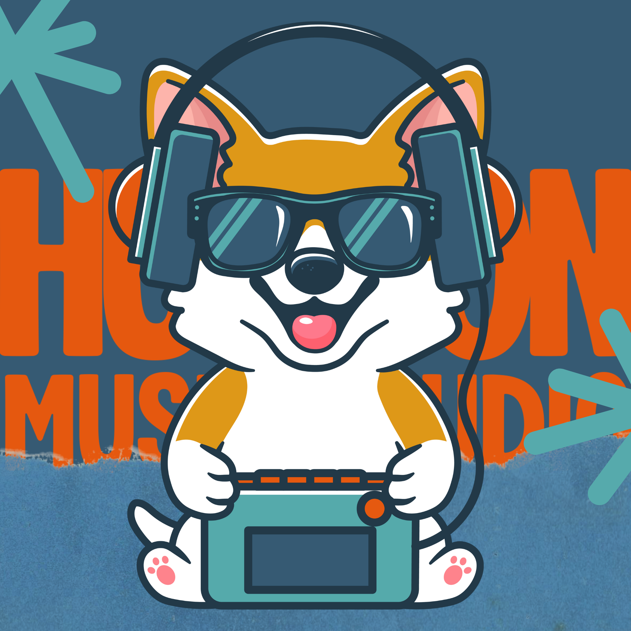 Cartoon illustration of a dog wearing sunglasses, headphones, and holding a DJ controller, with the text 'Music' in the background.