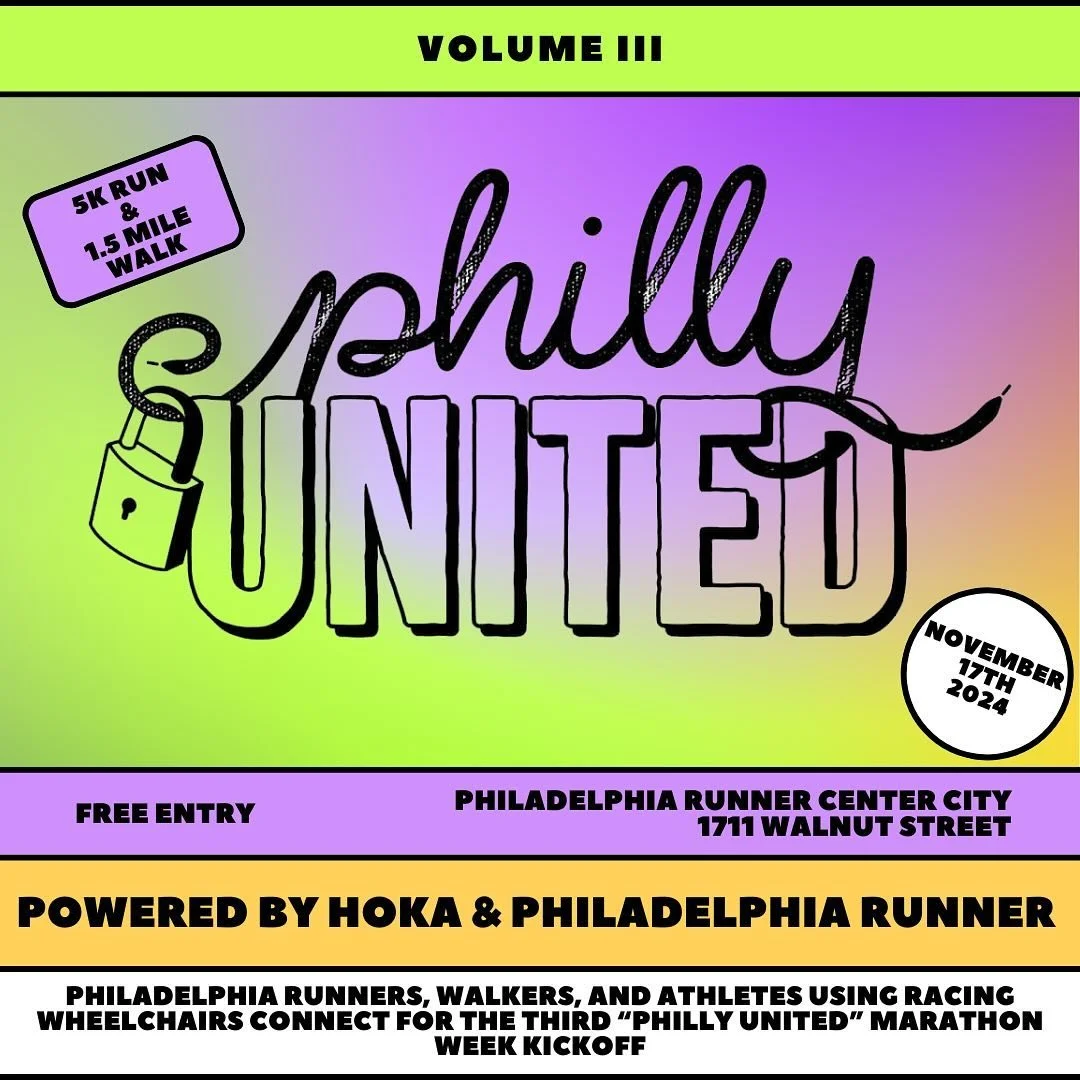 Sunday, November 17th. Philadelphia Runners, Walkers, Athletes using racing wheelchairs connect for the Third “Philly United” Marathon Week Kickoff. LINK IN OPAC BIO TO REGISTER. 
Philadelphia Runner, 1711 Walnut Street. 9a Showtime. 5K