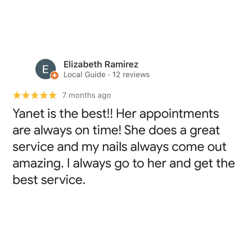 Google review praising nail service by "Yanet" for promptness and quality.