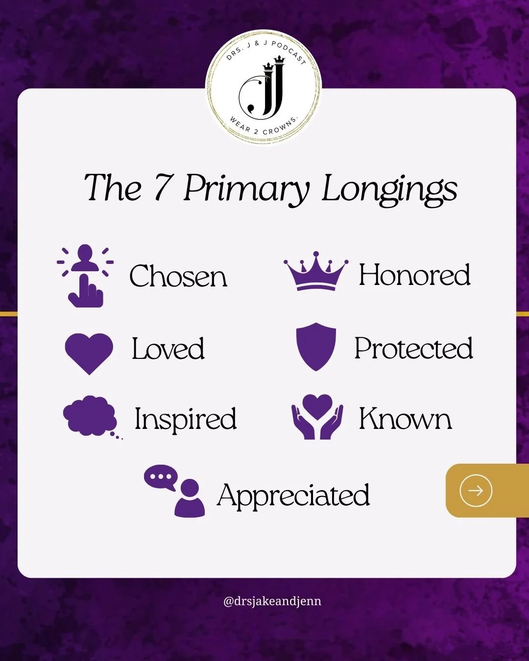 Want to uncover the key to your deepest longing? 🔐

Take our FREE Primary Longings Quiz, then we walk you through how to nurture that need in our NEW 2 Crowns, 1 Kingdom video curriculum or in our book. 💻 📖
Find both of these resources at drsjandj