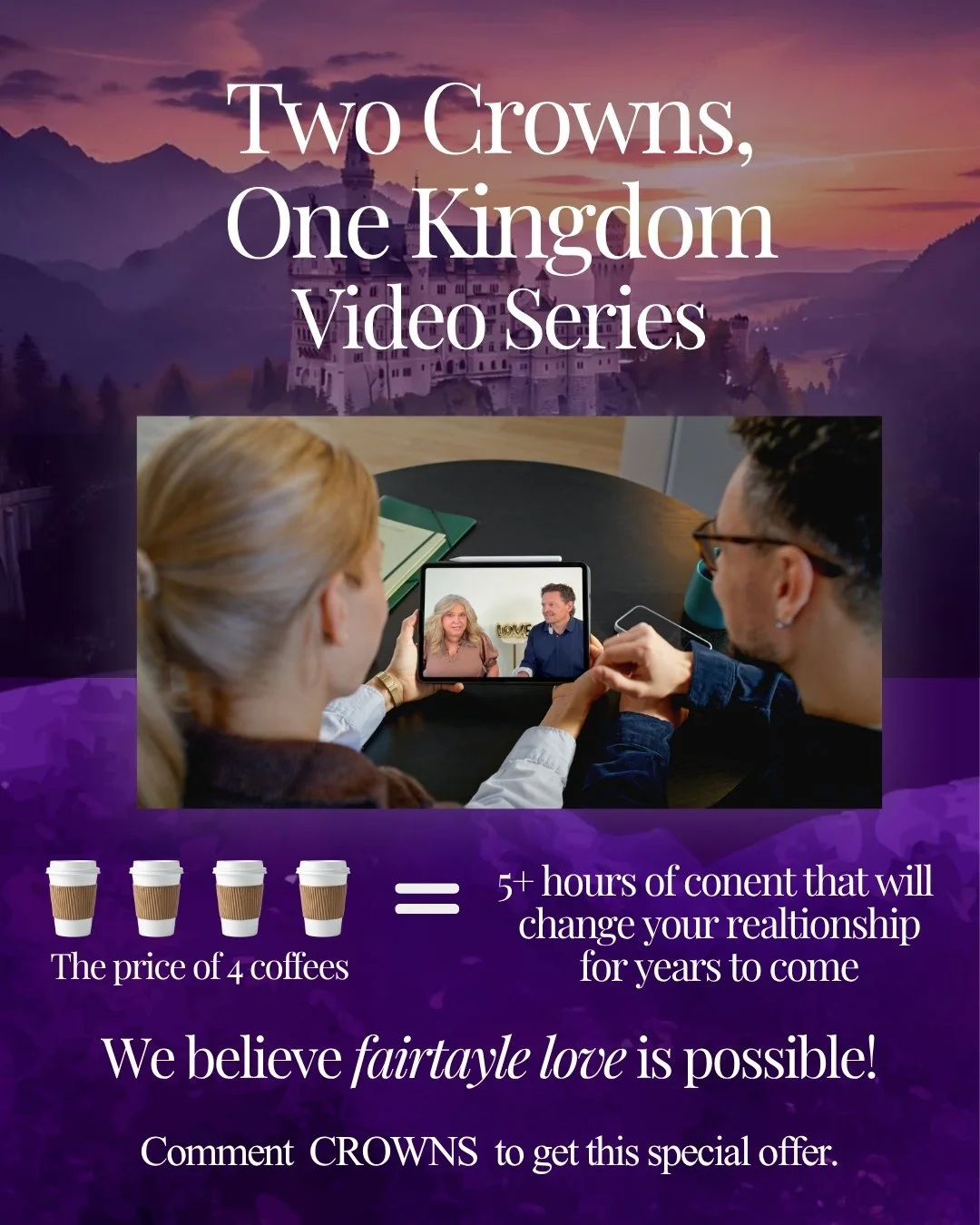 What if a stronger, healthier relationship was something you could learn to build together for the price of a week's worth of coffee? 💜 

Introducing Two Crowns, One Kingdom &mdash; a relationship video series created by two licensed therapists to h