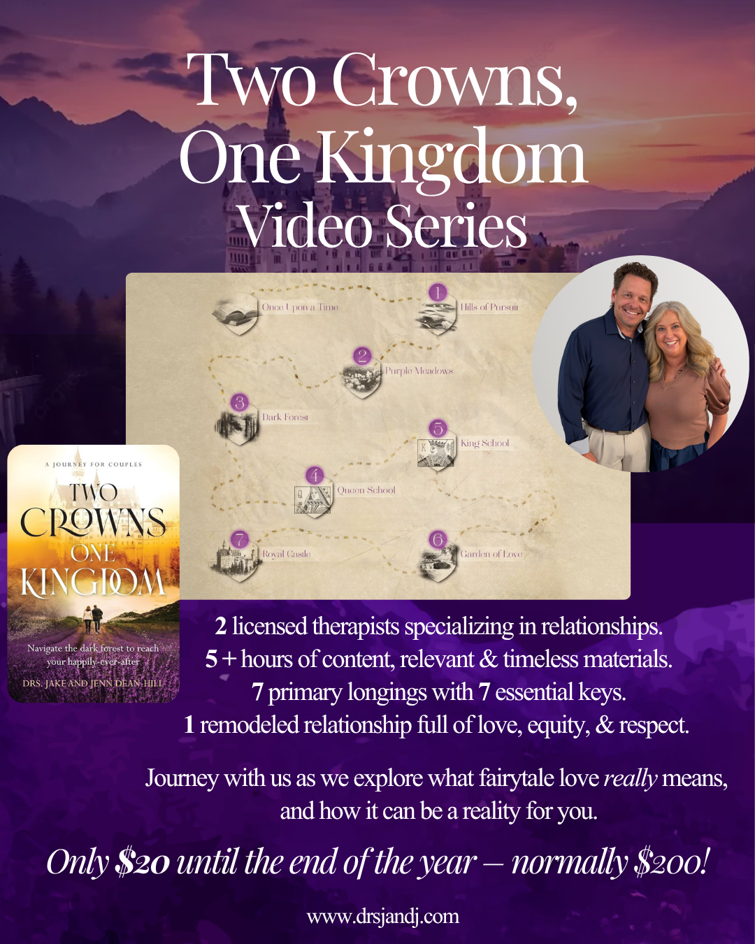 Promotional poster for the 'Two Crowns, One Kingdom' video series featuring a map with numbered locations from Hill of Pursuit to Garden of Love, a photo of a smiling couple, and a book cover. The background shows a castle with mountains at sunset and the text describes the series as a relationship journey by licensed therapists, offering hours of content for $20 until year's end.
