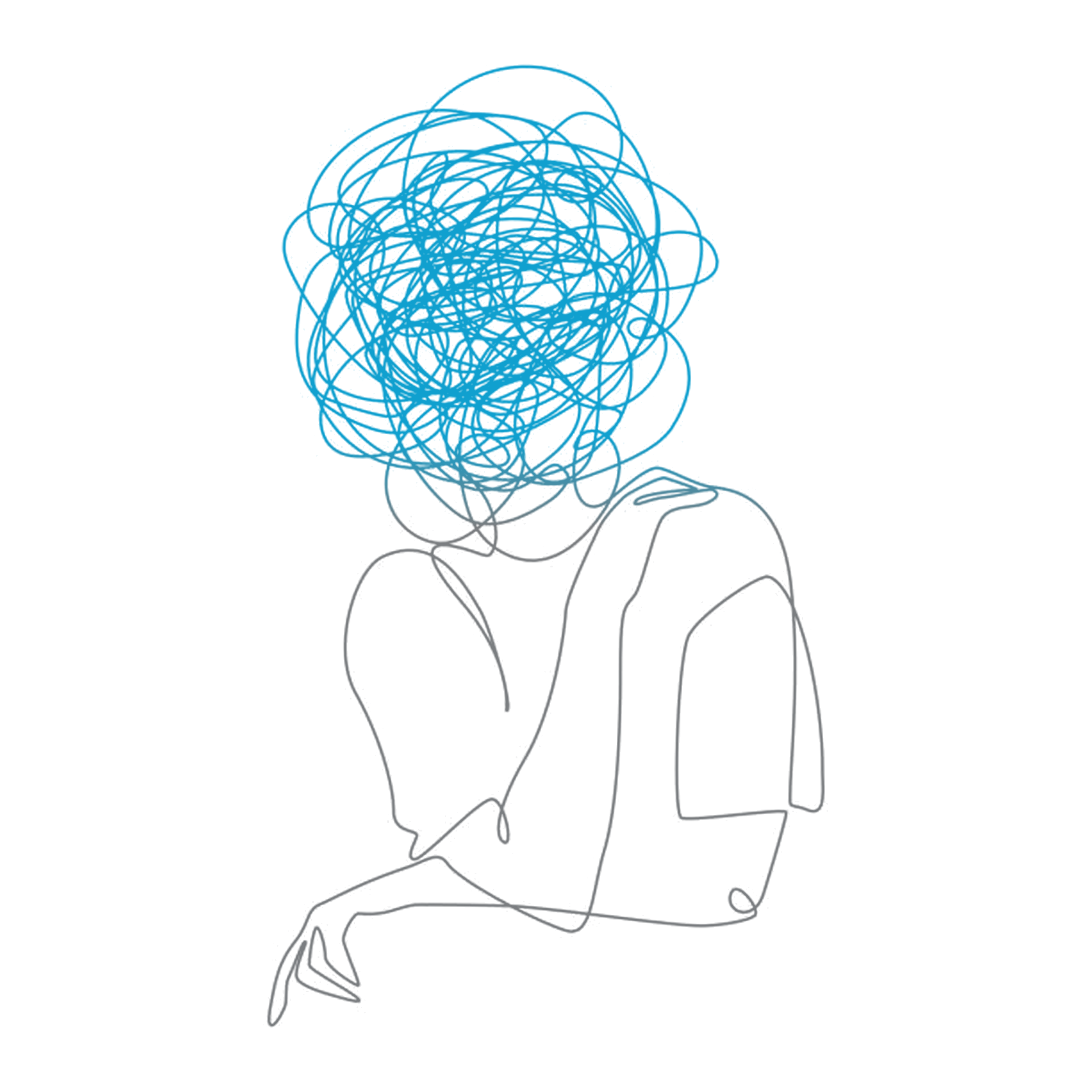 Line drawing of a person whose head is a tangle of blue lines, representing a mind in survival mode.