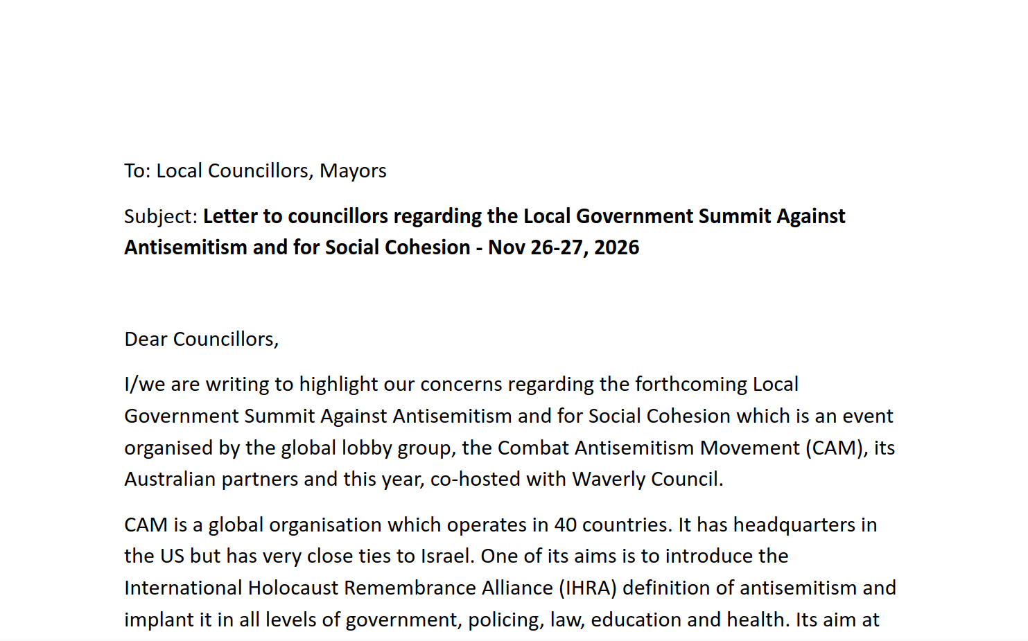 Write to your local councillors to ask them not to attend 'CAM' local government summit