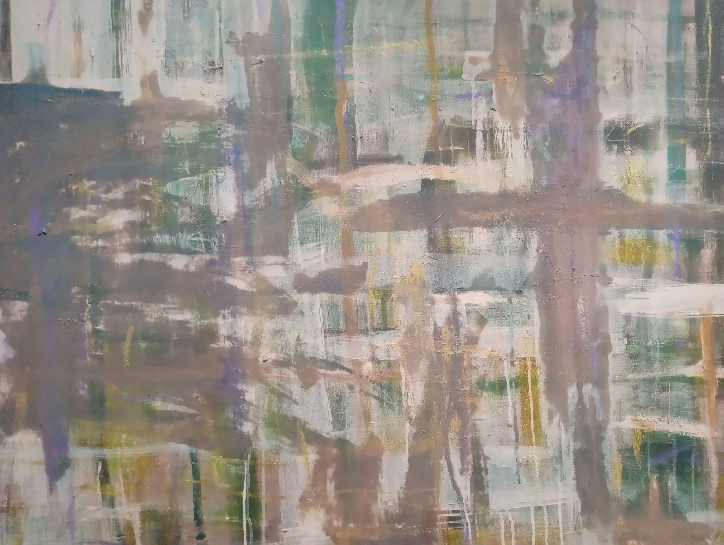  Clay slip, acrylic paint, oil pastel and sumi ink on canvas, 36×48, 2025 