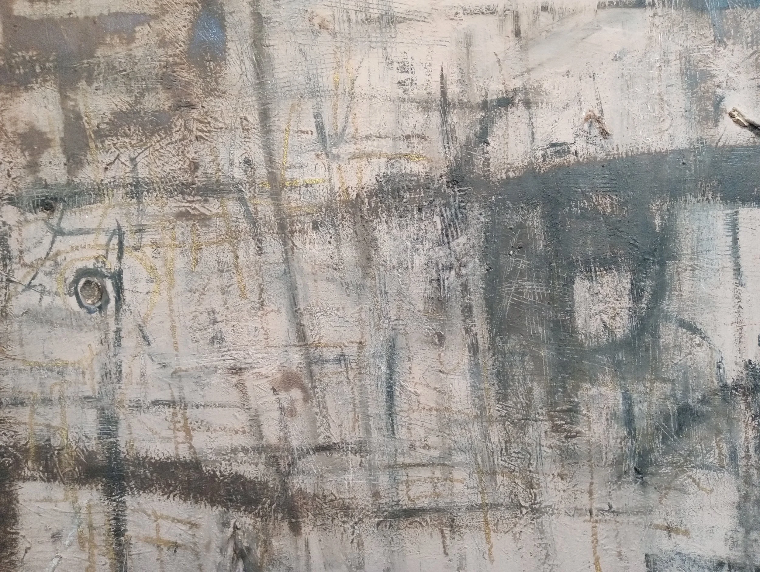  Clay slip, sumi ink, oil pastel, acrylic paint and found objects on canvas, 30×40, 2026 