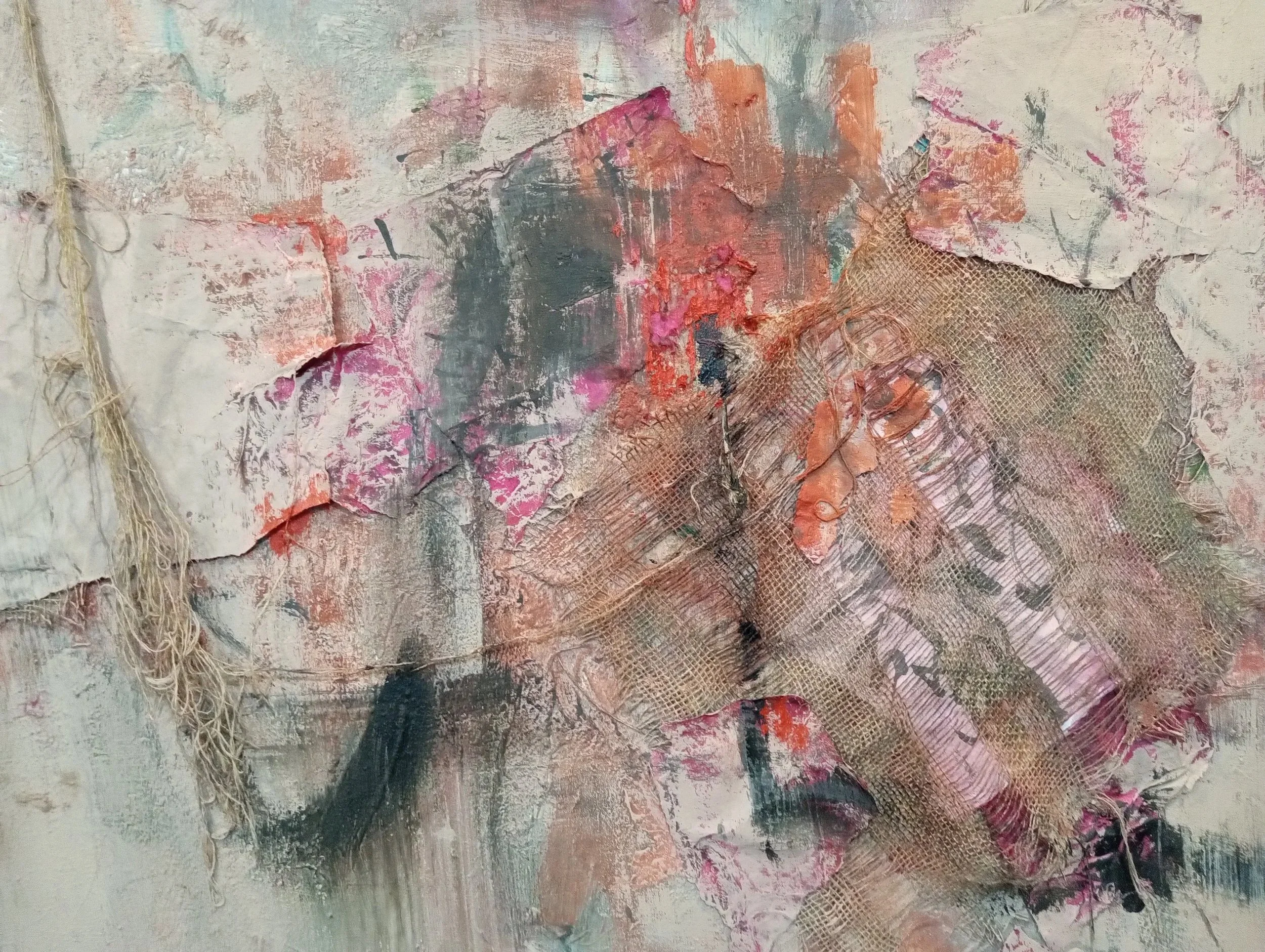  Acrylic paint, colored rice paper, clay slip, burlap, twine and sumi ink on canvas, 30×40, 2026 