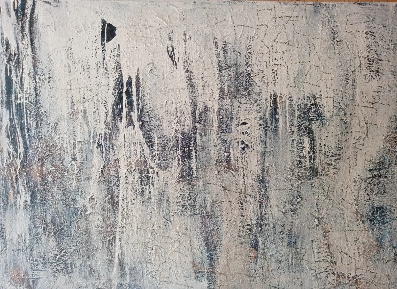  Enamel, latex paint, acrylic paint, oil pastel, clay slip and Sumi ink on canvas, 40x50, 2026. 