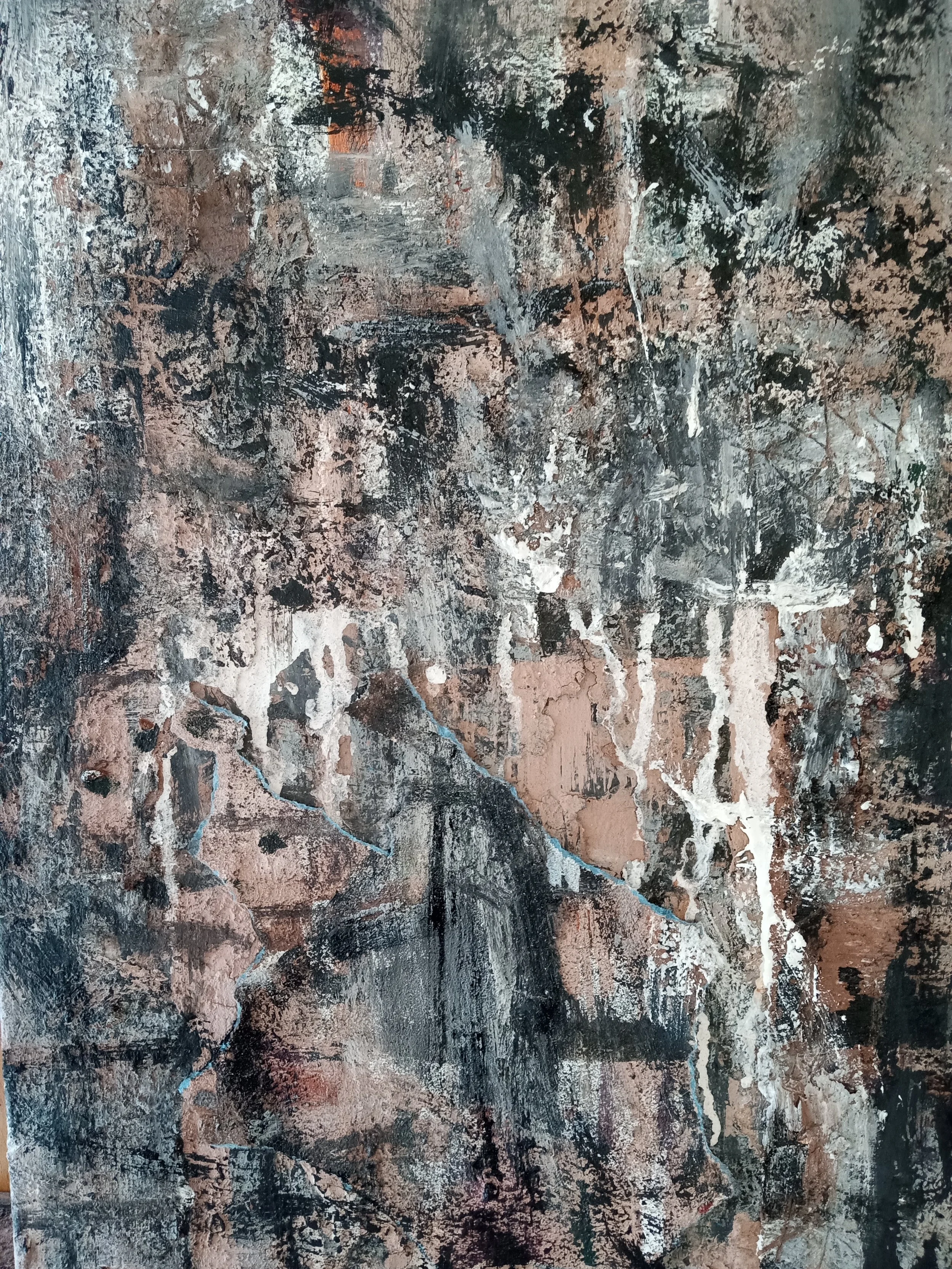  Acrylic paint, latex paint, clay slip, sandpaper collage and sumi ink on canvas, 36×24, 2026. 