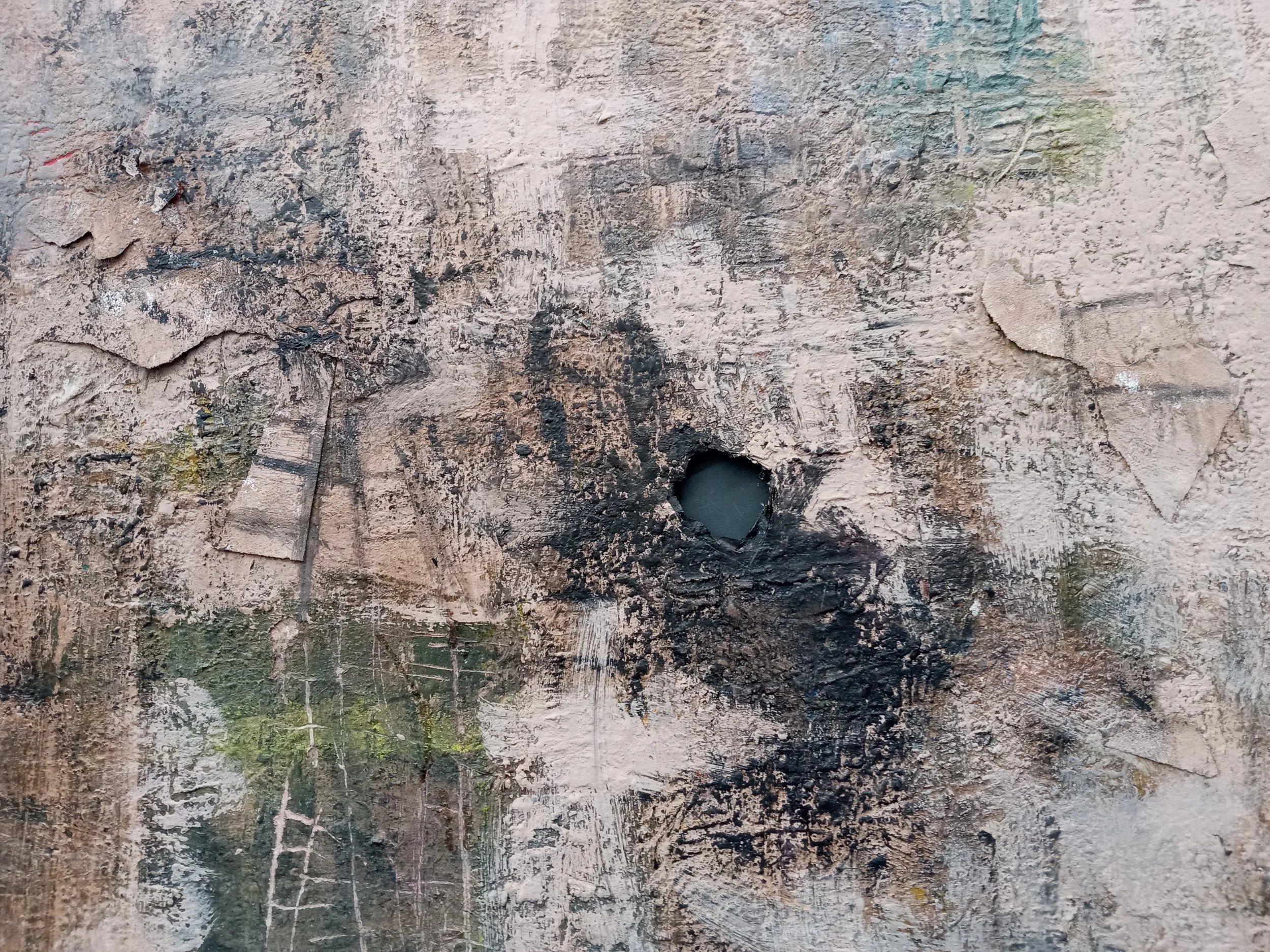  Sandpaper collage, clay slip, acrylic paint and sumi ink on canvas, 24x36, 2026. 