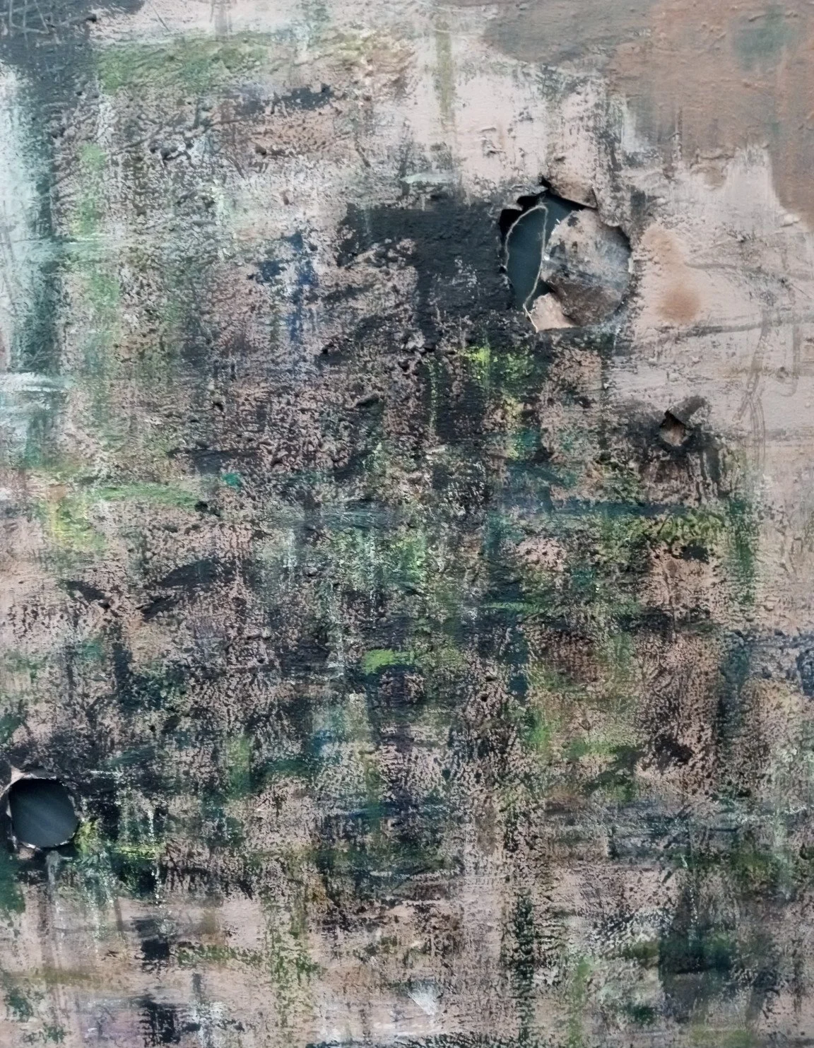  Acrylic paint, clay slip, sandpaper collage, and Sumi ink on canvas, 40x30, 2026 