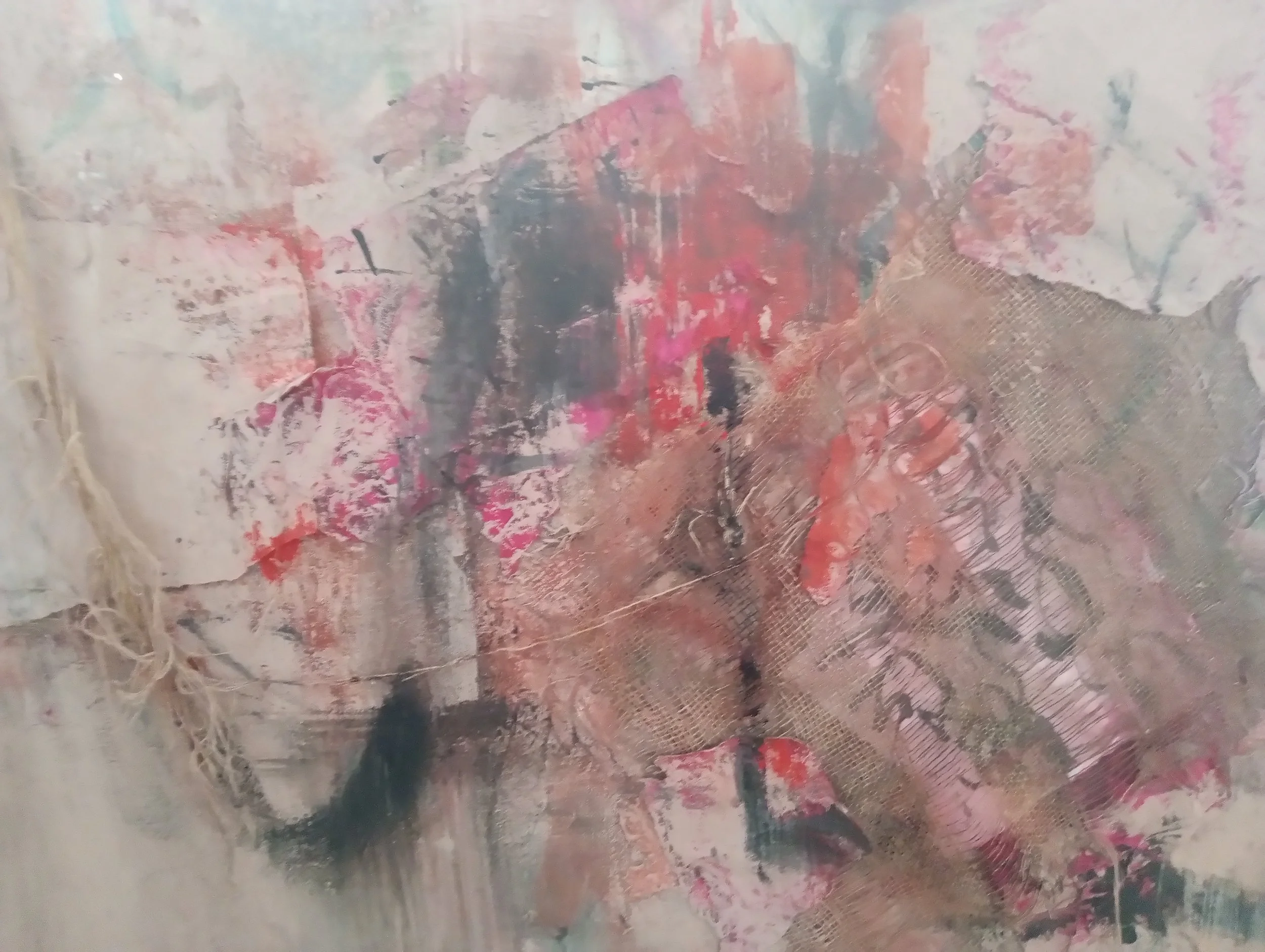  Acrylic paint, colored rice paper, clay slip, burlap and Sumi ink on canvas, 30×40, 2026. 
