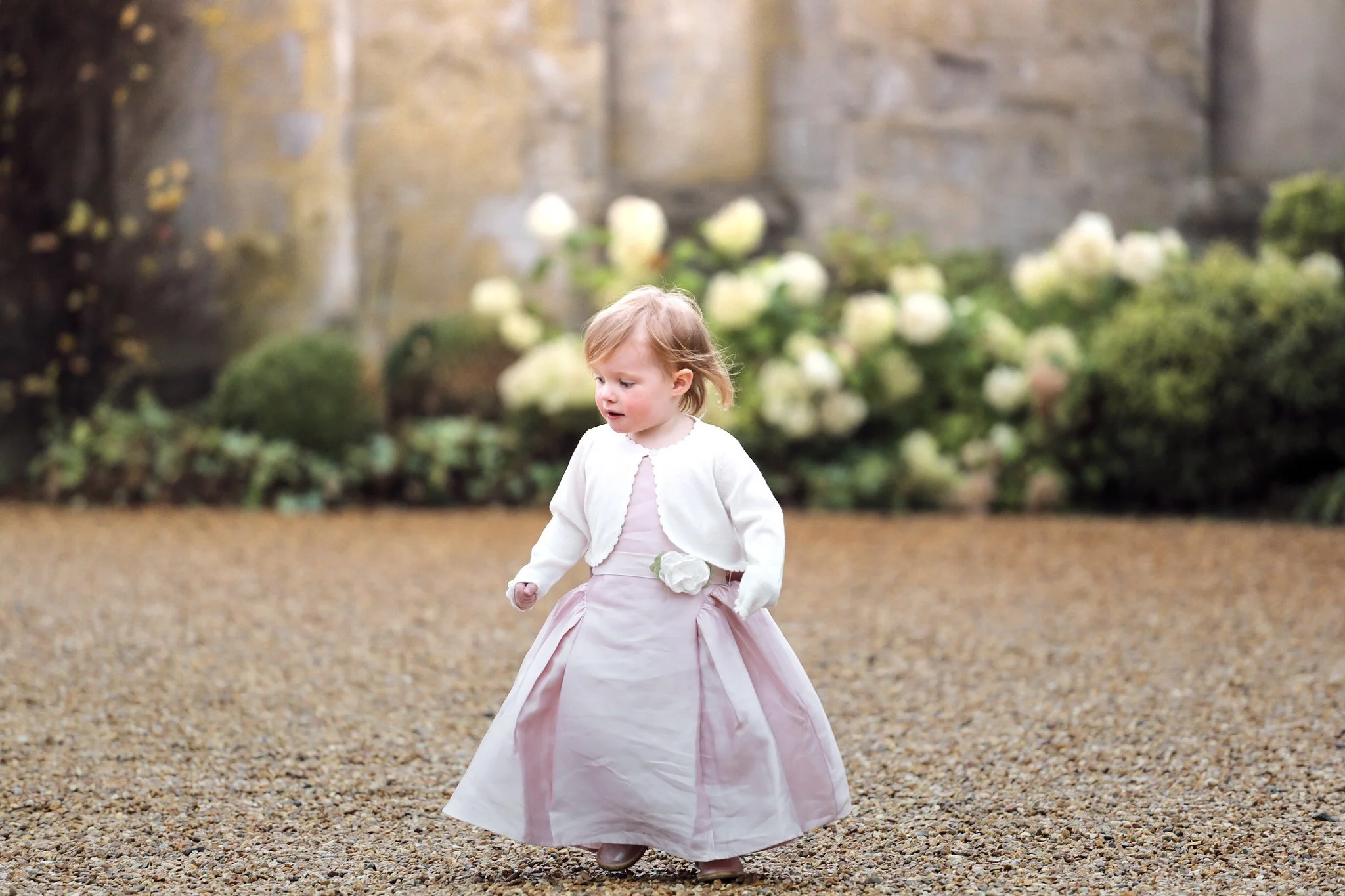 A young girl in a pink dress and white cardigan walking on a gravel path with blooming flowers in the background.
