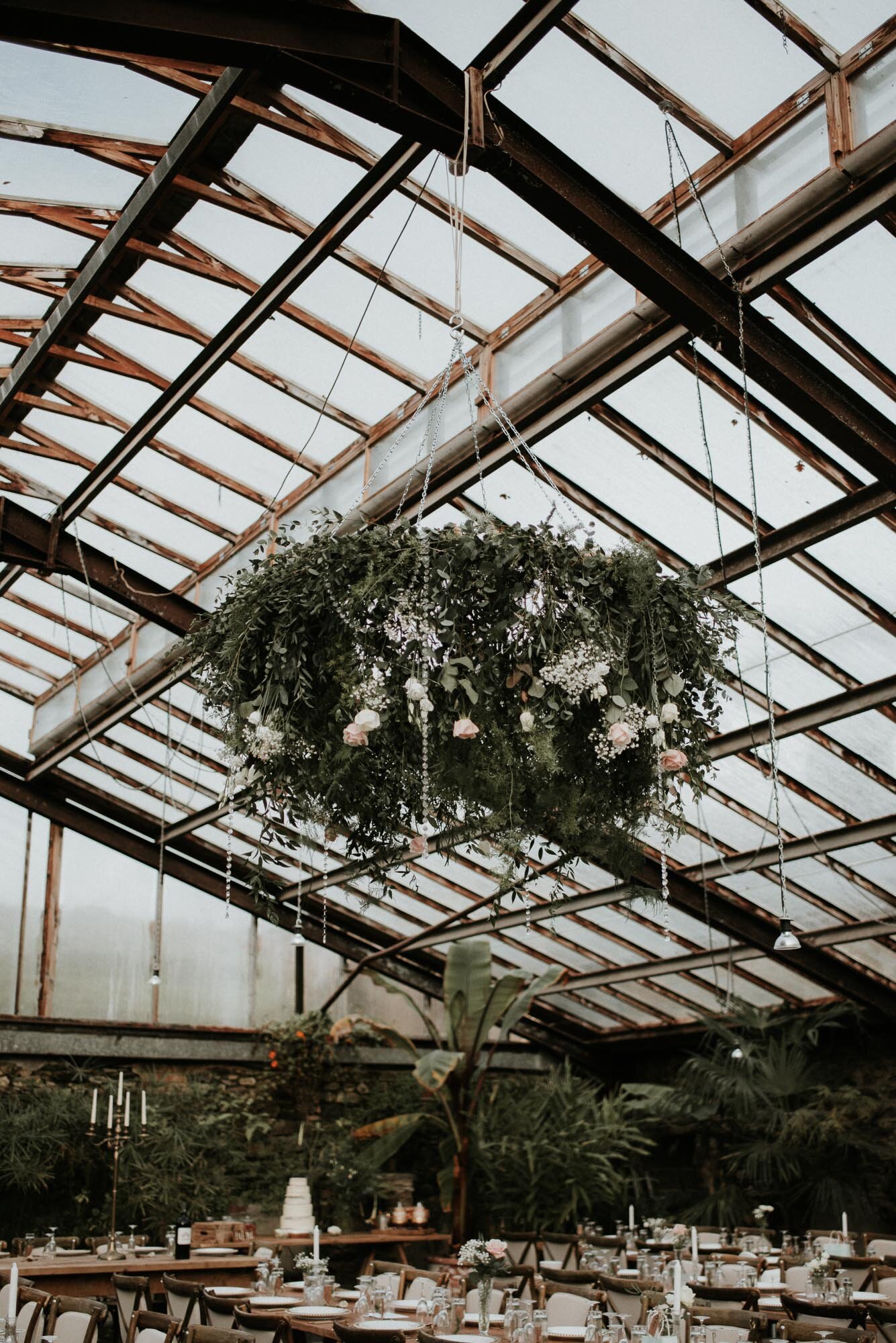 Anran Barn Wedding // Devon Wedding Photographer Katy Jones // Natural style wedding photography // Hanging botanical arrangement