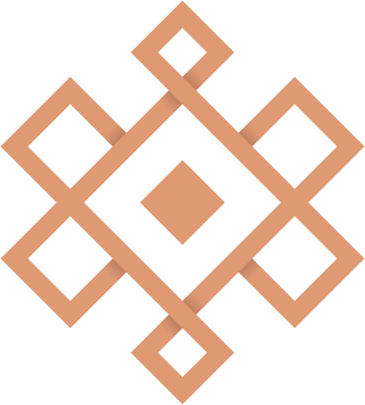 A geometric design with interconnected squares and diamonds in bronze color on a black background.