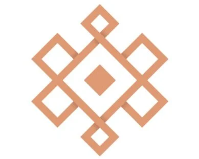 A symmetrical geometric pattern with interconnected squares and diamonds in a copper color.