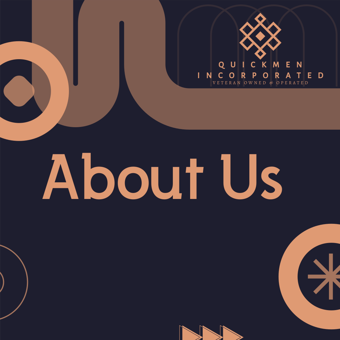 A graphic with the text 'About Us' and a logo for Quickmen Incorporated, a veteran-owned and operated business, featuring geometric shapes and modern design elements.