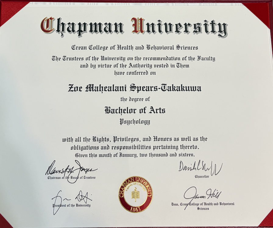 Undergraduate Bachelor of Arts in Psychology degree from Chapman University Orange County earned by Zoe Spears, licensed marriage and family therapist in California