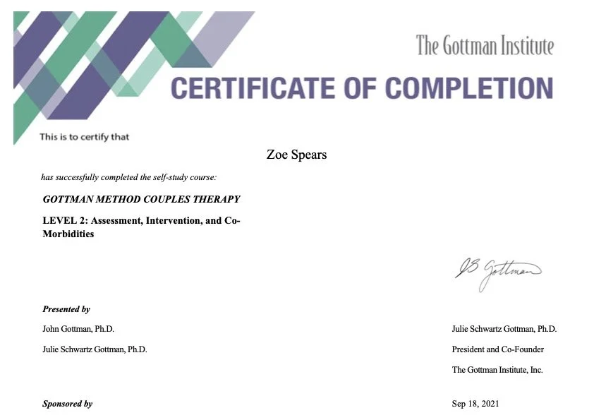 Zoe Spears LMFT Gottman Level 2 trained couples therapist offering Gottman Method and attachment based couples therapy online across California