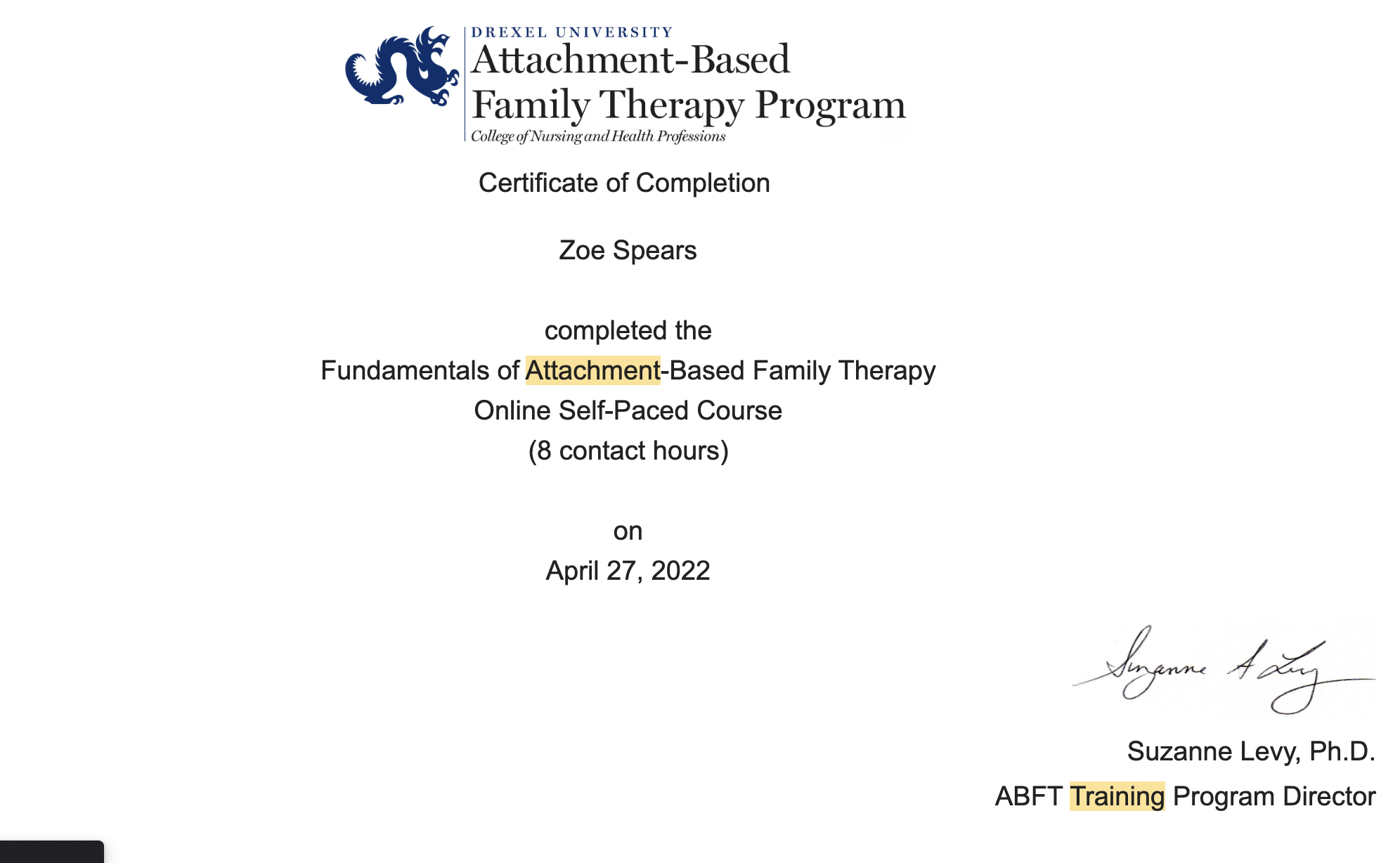 Attachment Based Family Therapy certification for Zoe Spears LMFT specializing in attachment focused therapy for teens, adults, and families in California