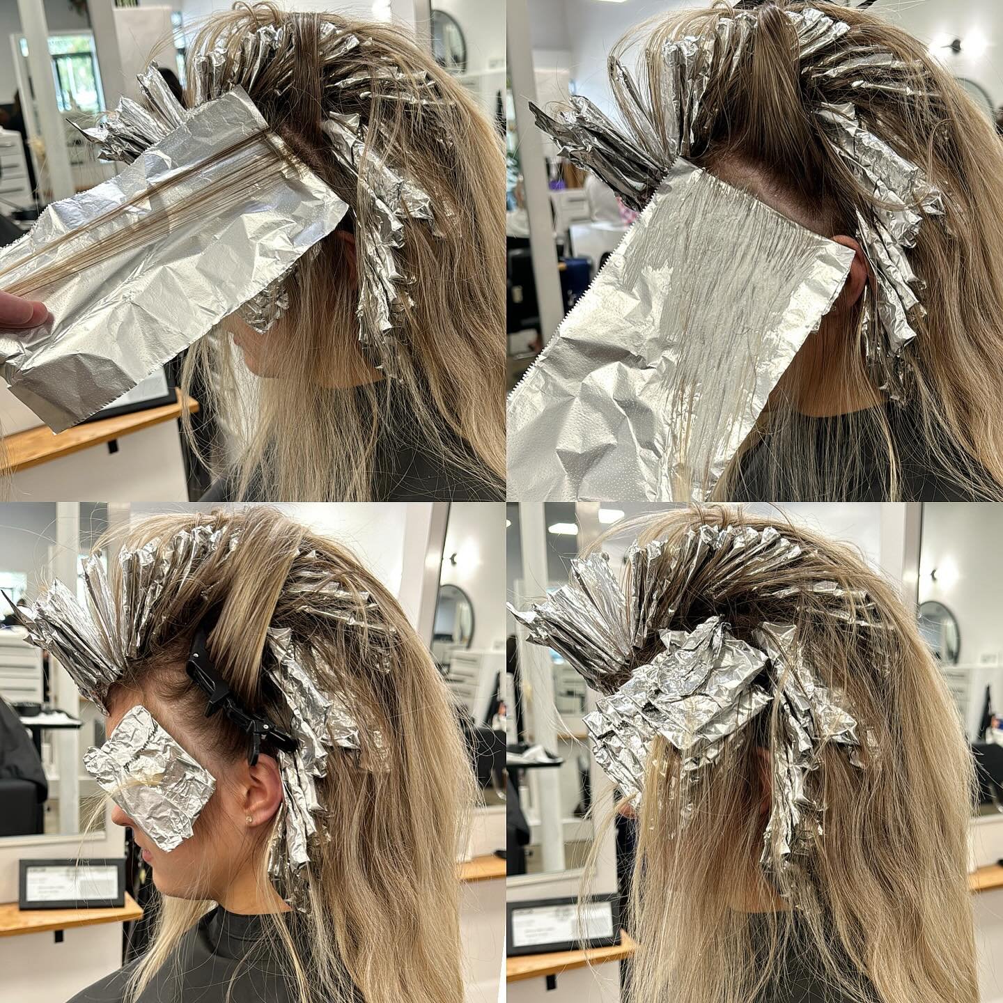 Precision foil placement is everything! This foil technique showcases fine, back-to-back weaves for maximum brightness and seamless blend. Notice the tight foil pattern around the hairline? Perfect for creating a bold, face-framing pop while maintain