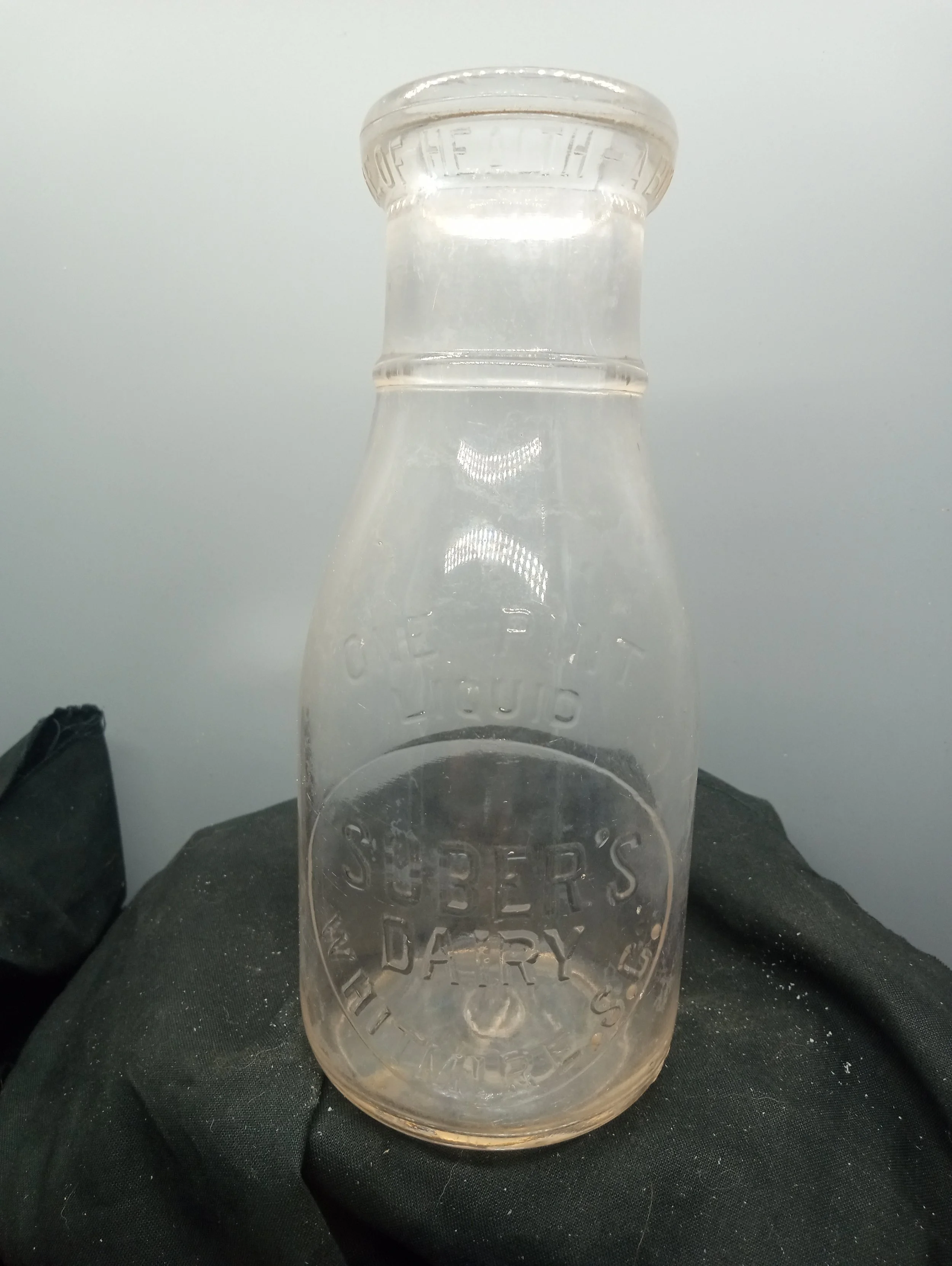 TOP - A BOTTLE OF MILK IS A BOTTLE OF HEALTH - FRONT - ONE PINT / LIQUID / SUBER'S / DAIRY / WHITMIRE, S.C.