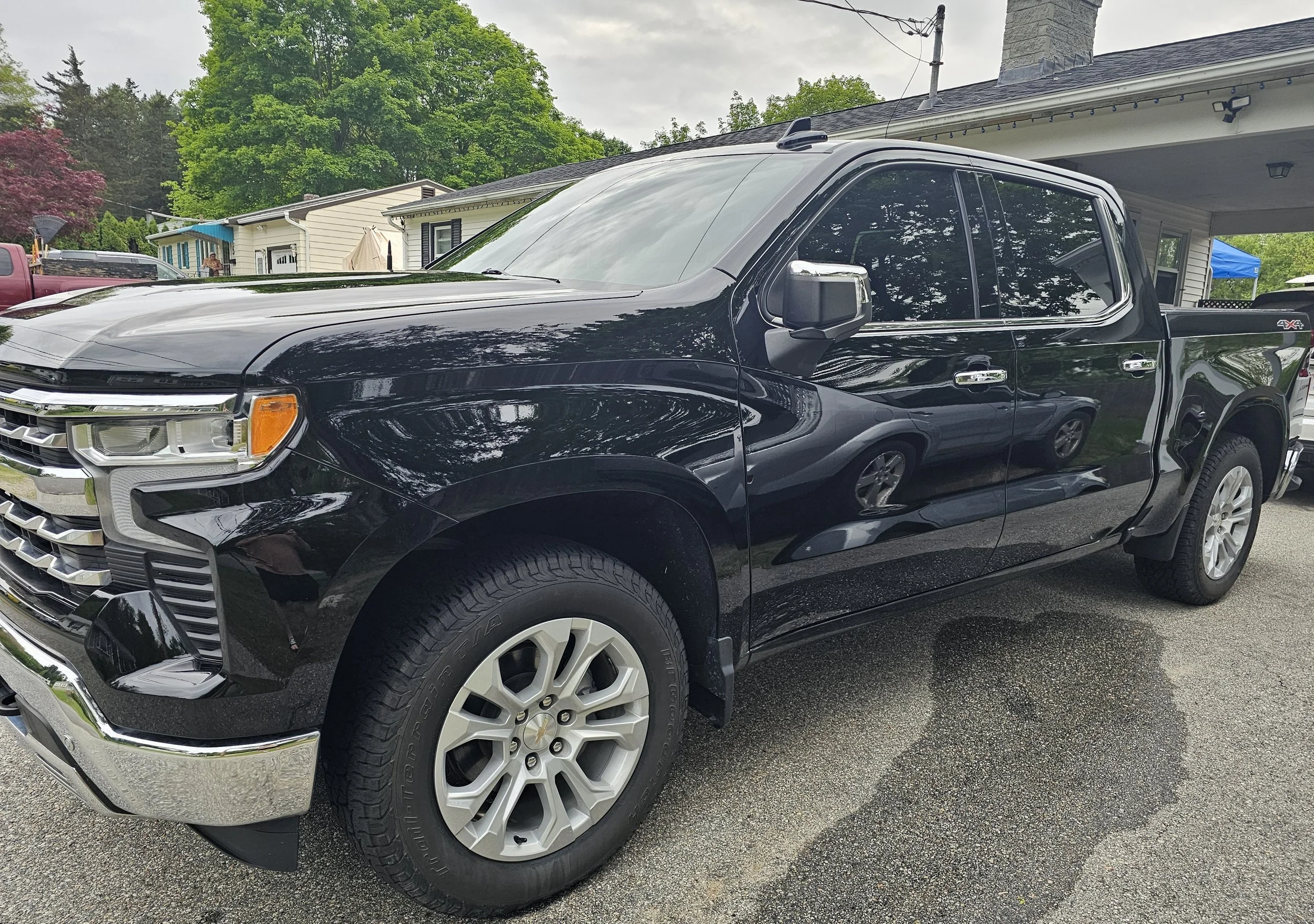 Black pickup truck parked on a driveway in front of houses with trees in the background on a cloudy day.