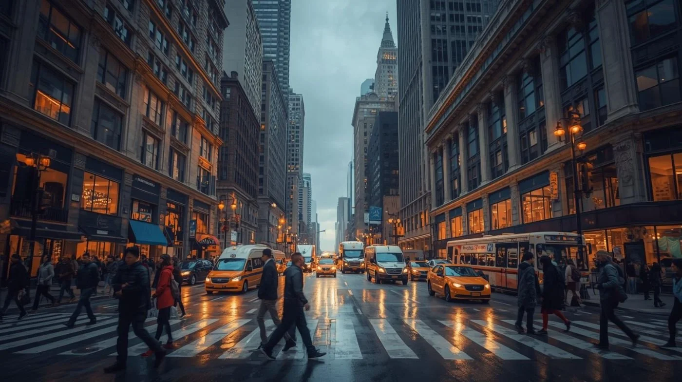 A busy street with people suffering from burnout in downtown Calgary.