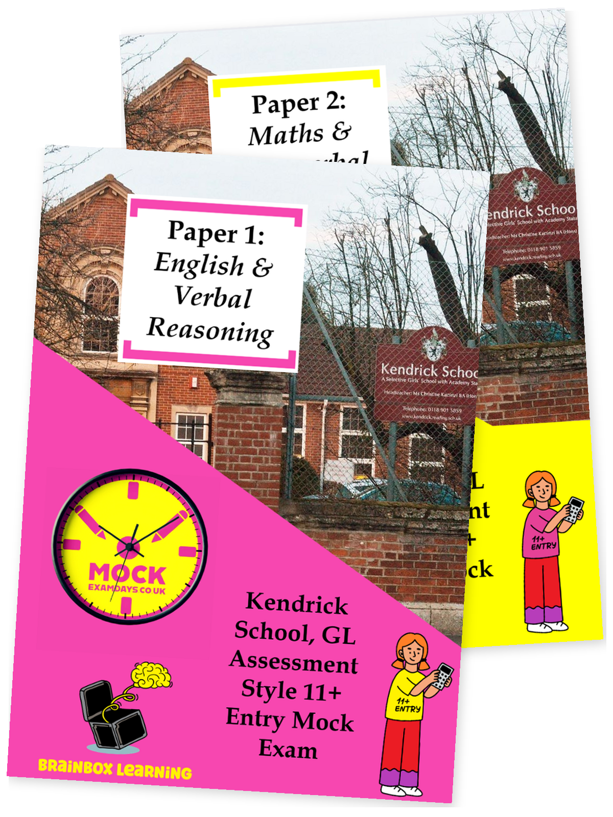 Kendrick School GL-style Paper 1 English and Verbal Reasoning and Paper 2 Maths and Non-Verbal Reasoning mock exam booklets.