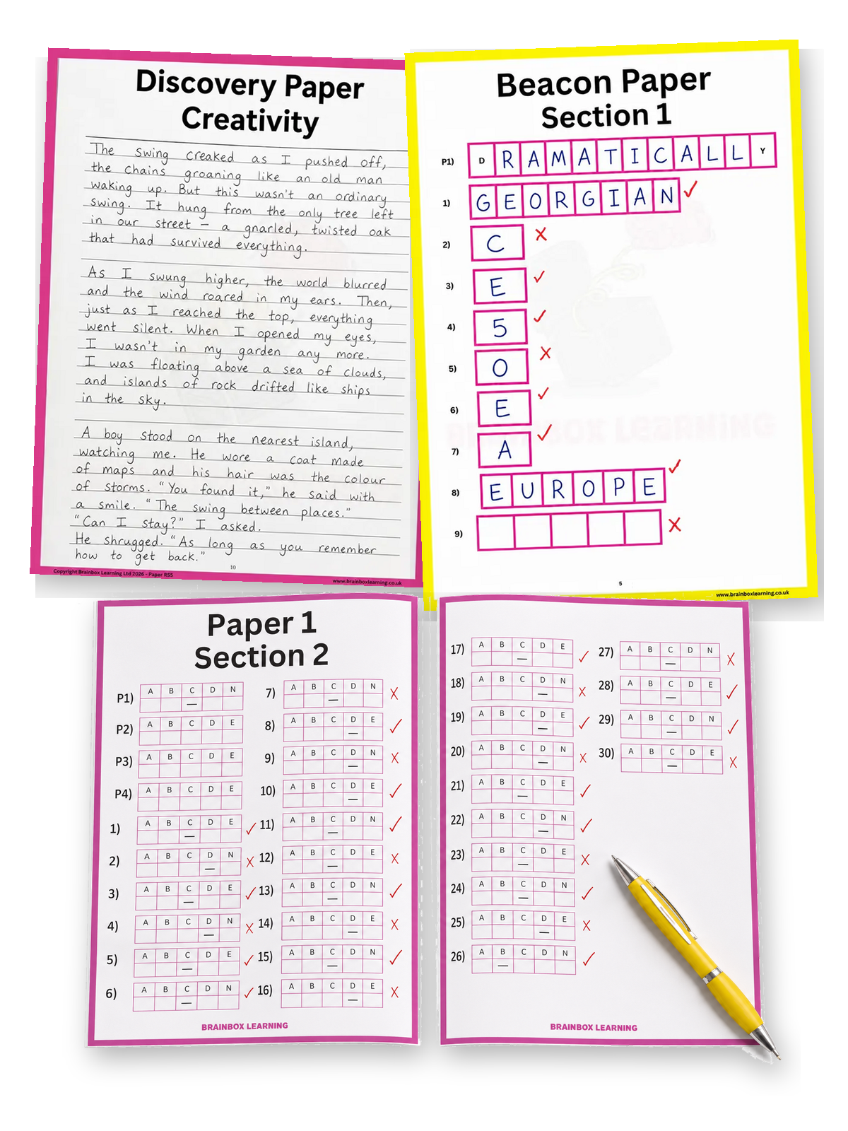 Examples of teacher-marked Beacon and Discovery Paper responses from a Reading School FSCE-style mock exam.