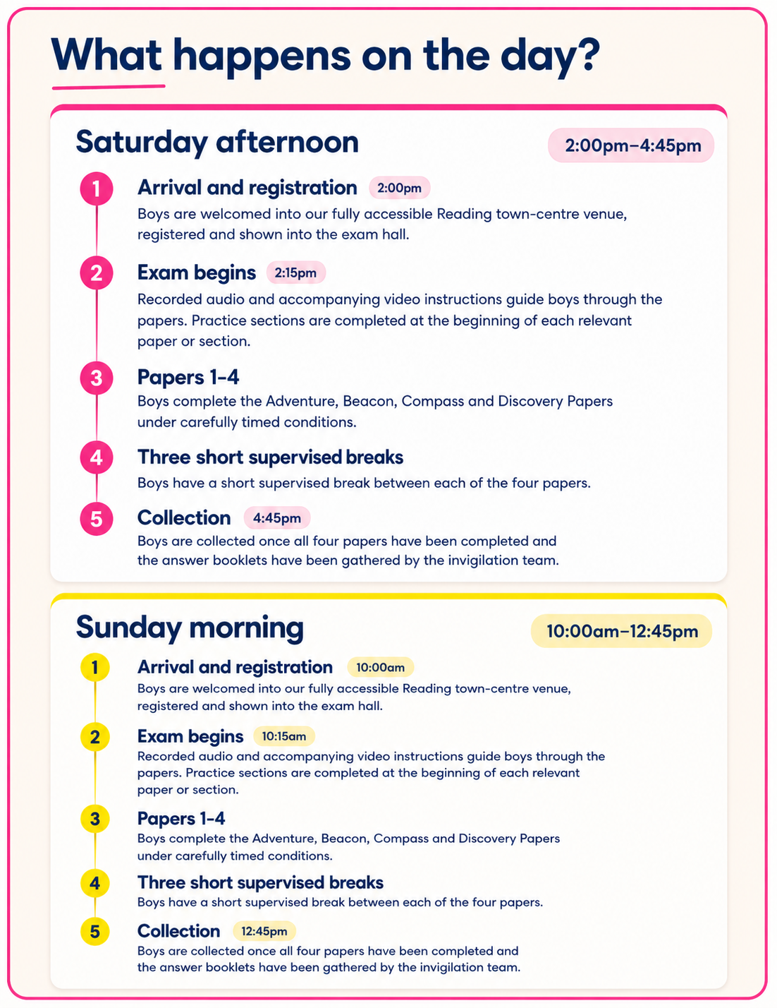 Reading School mock exam timetable showing registration, four timed papers, supervised breaks and collection times.
