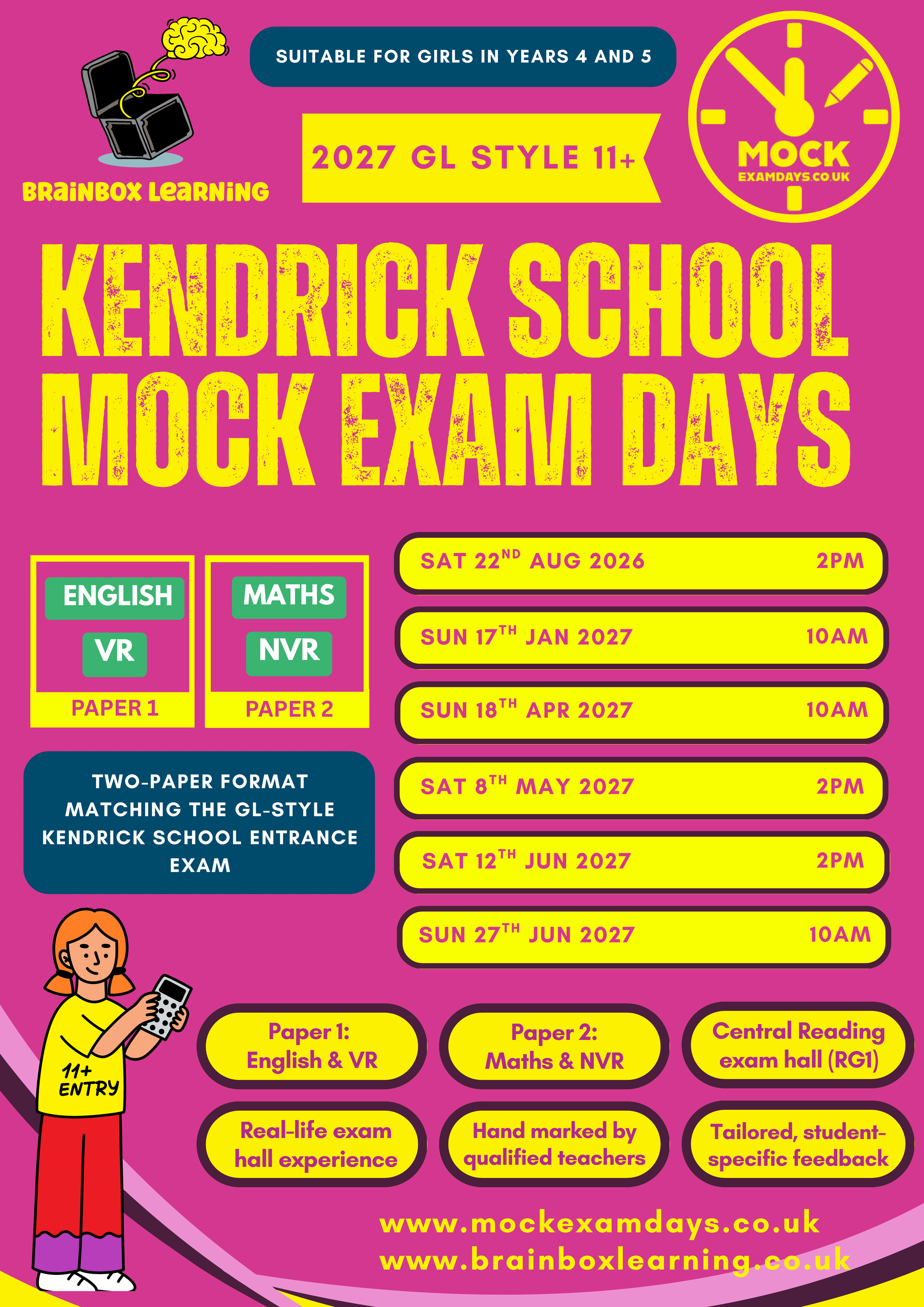 Kendrick School GL-style 11+ mock exam dates in Reading for girls in Years 4 and 5.