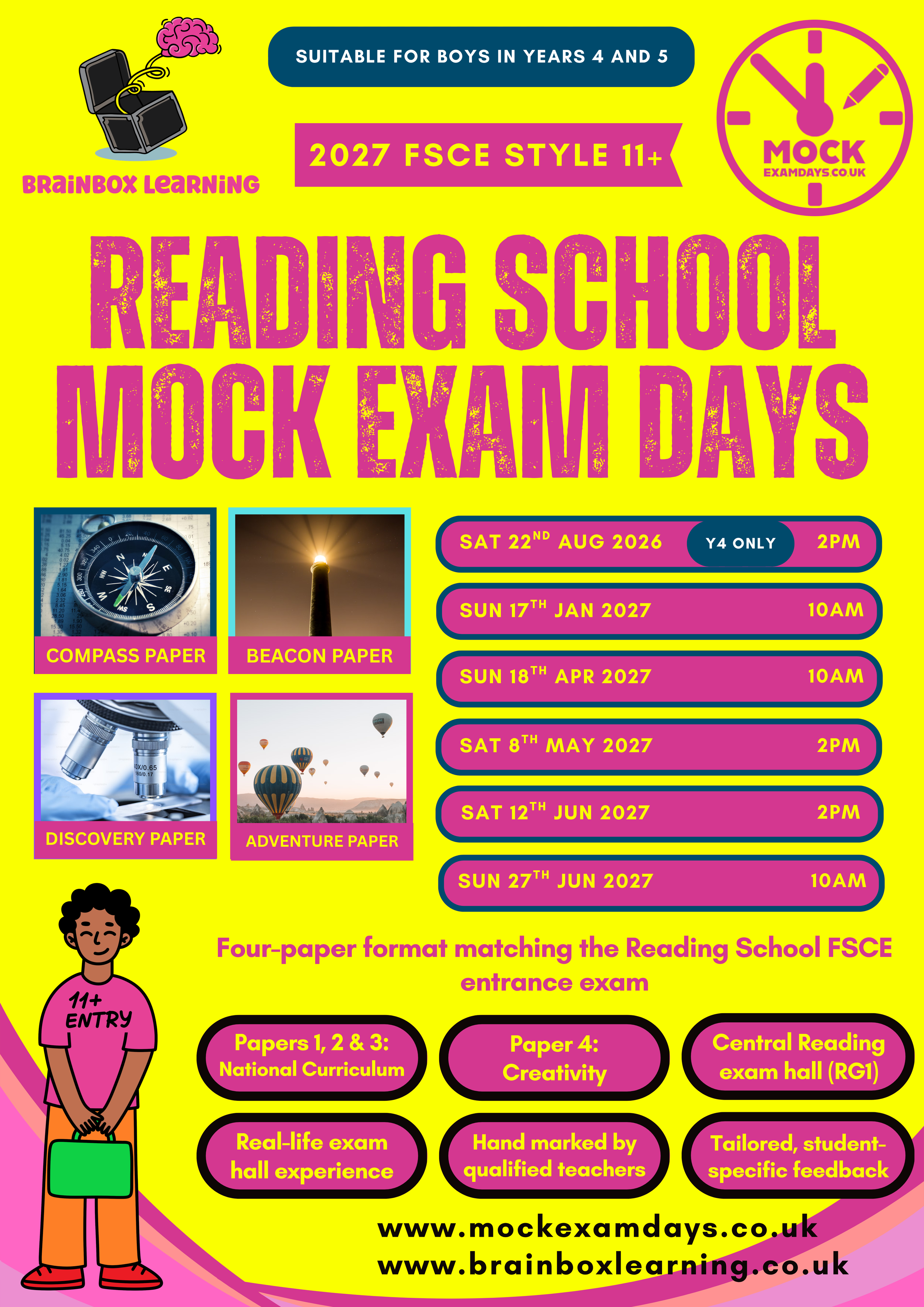 Reading School FSCE-style 11+ mock exam dates in central Reading for boys in Years 4 and 5, from August 2026 to June 2027.