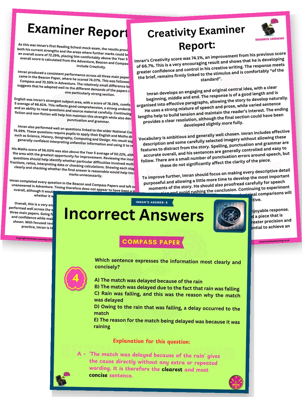 Example personalised Reading School mock examiner reports and a walkthrough of an incorrectly answered Compass Paper question.