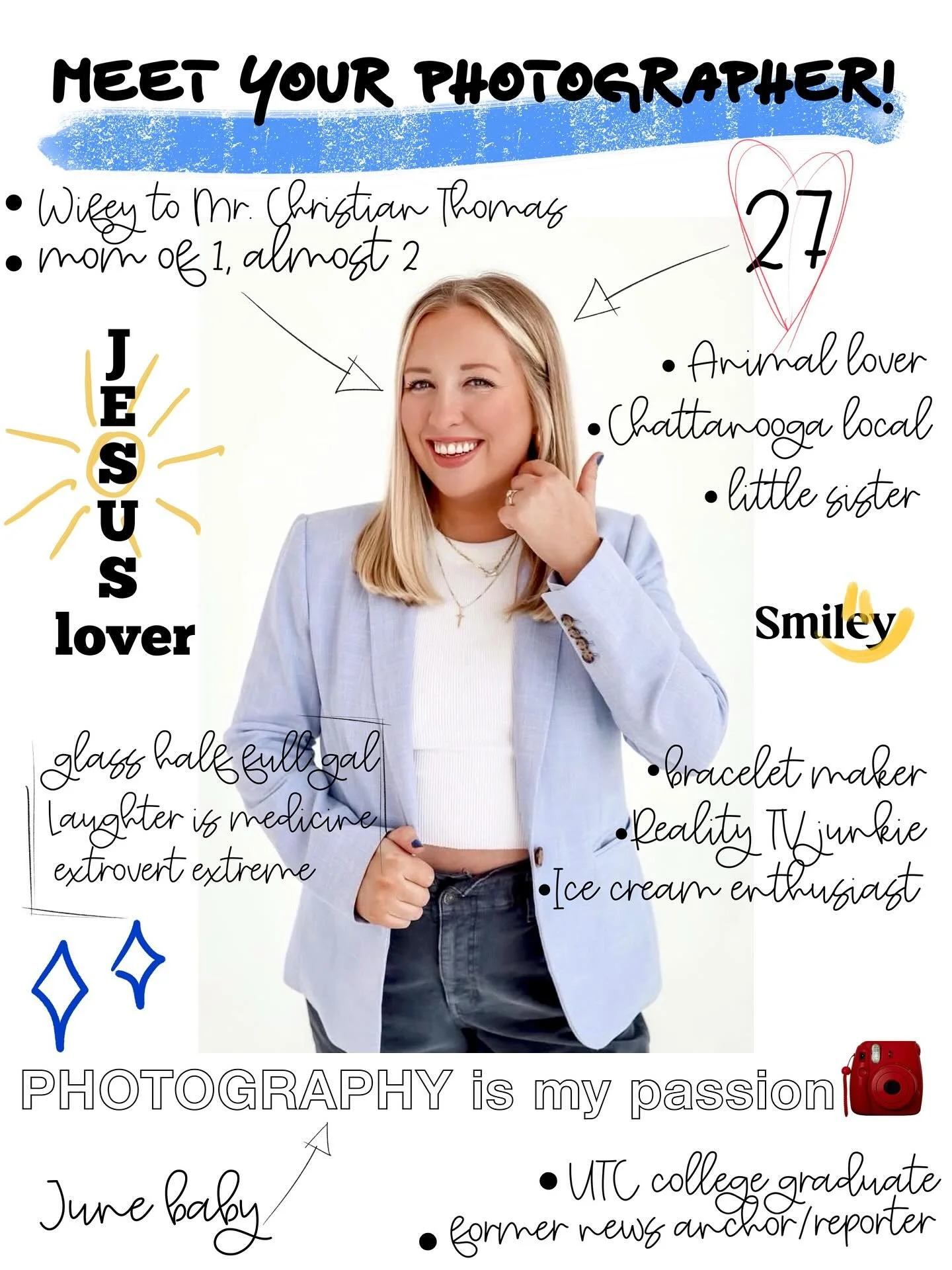 Meet your photographer💙✨📷
&bull;&bull;&bull;
Hi friends! Since there&rsquo;s so many new faces around here, I thought I would take the time to reintroduce myself. Thank you all for being here! Being a photographer is my dream and my lovely clients 