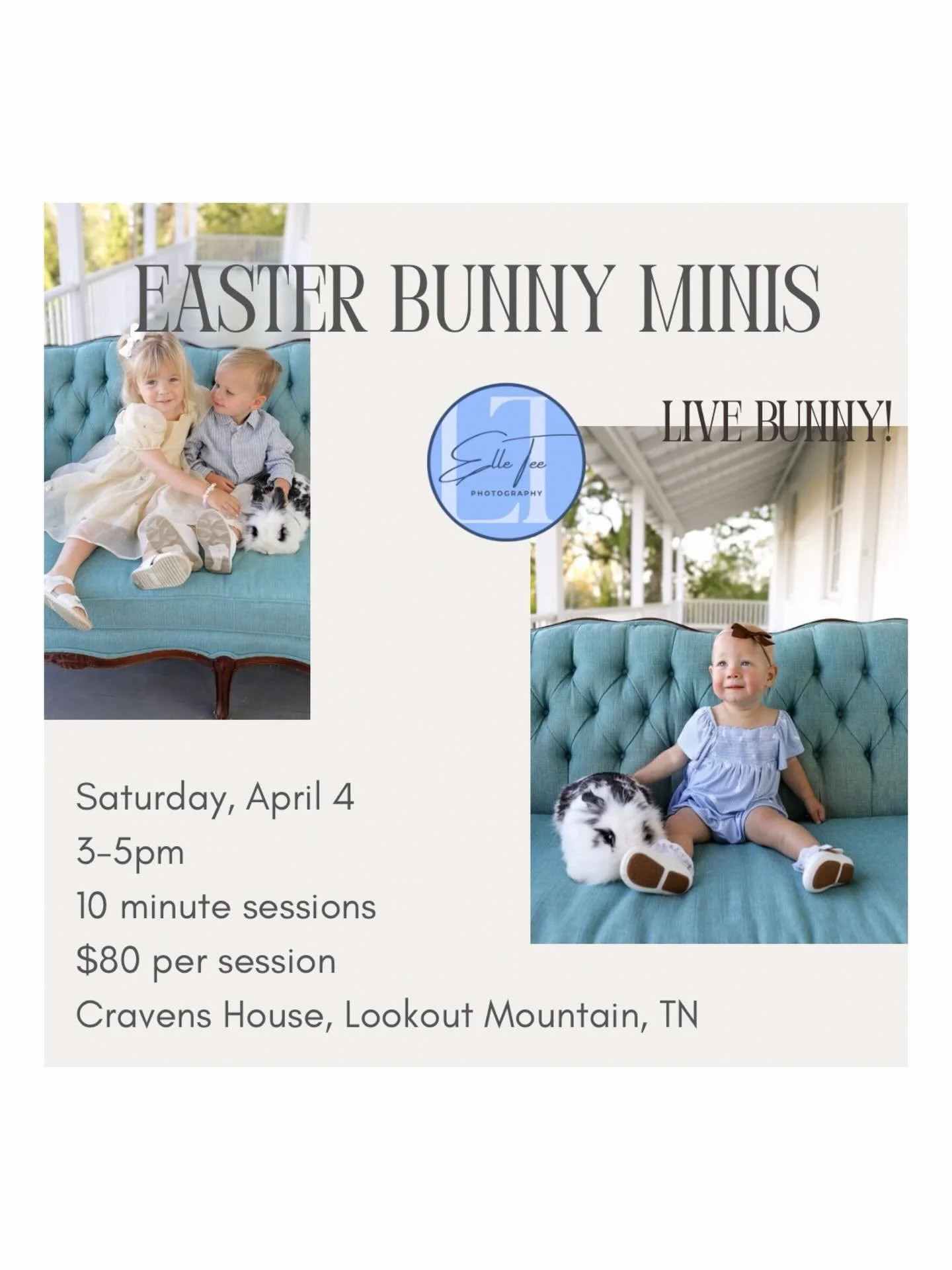 🩵🪺🐇EASTER BUNNY MINIS🐰🪺🩷
&bull;
Back by popular demand are our annual Easter bunny minis! Come join us for some adorable pictures and meet Sugar the bunny!
&bull;
📍Craven&rsquo;s House, Lookout Mtn. 
📆 Saturday, April 4th
💰$80 per 10 minute 