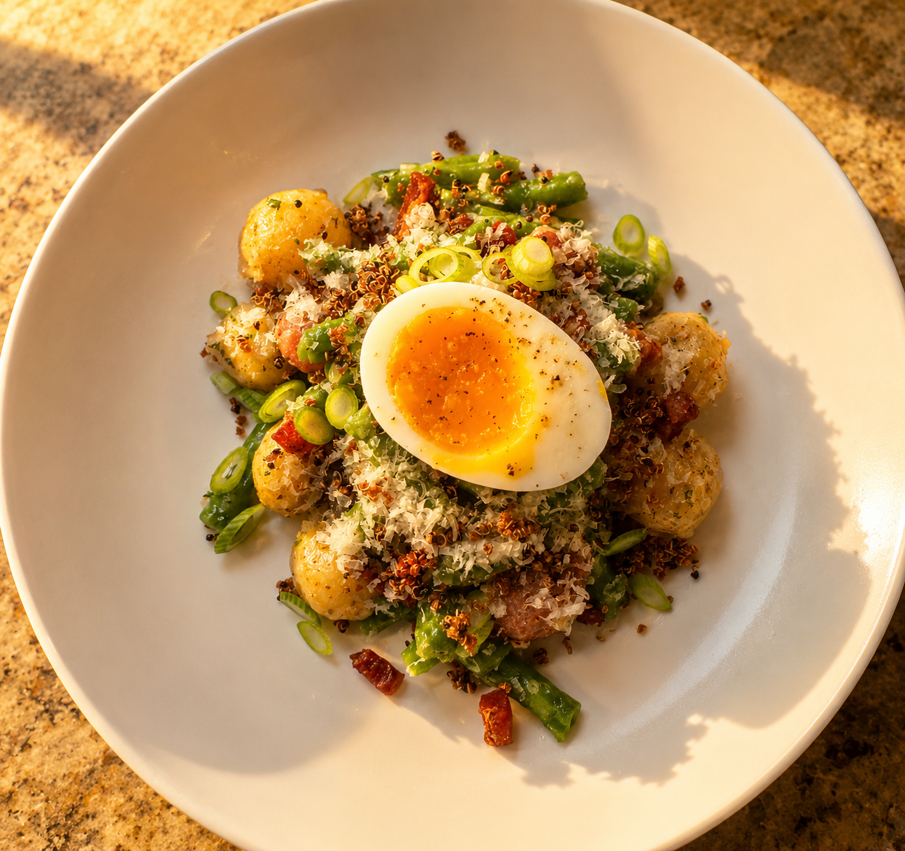 Potato and green bean, topped with pancetta, scallions, and soft boiled egg