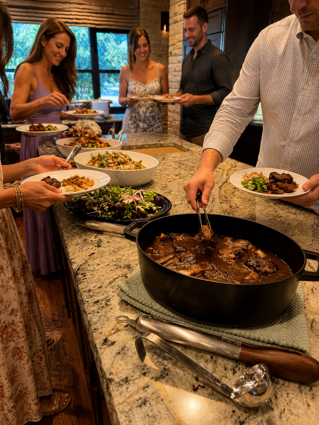 Guests serving themselves from family-style dishes prepared by Gourmet All Day