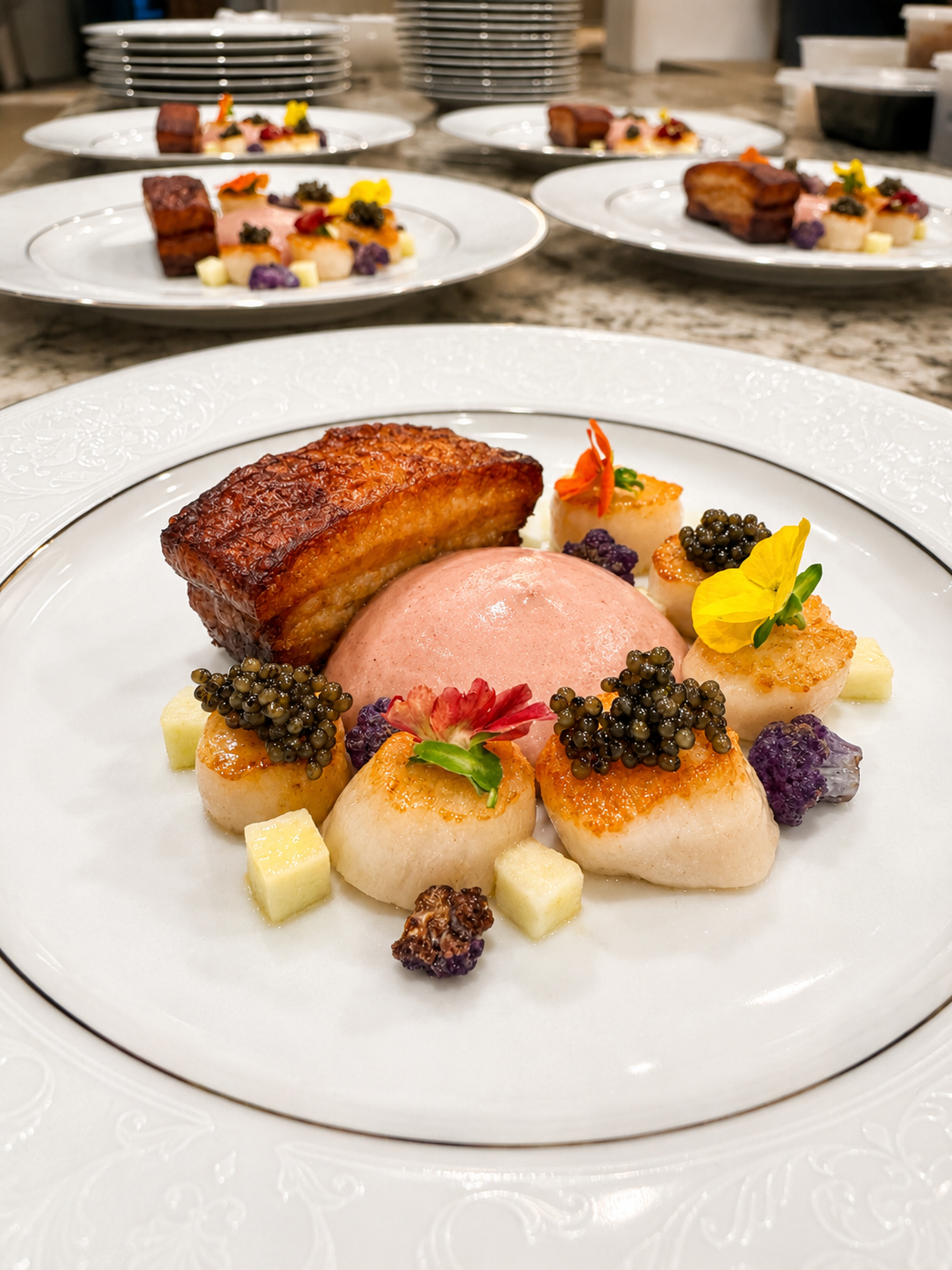 Seared bay scallops and pork belly plated for multi-course dinner