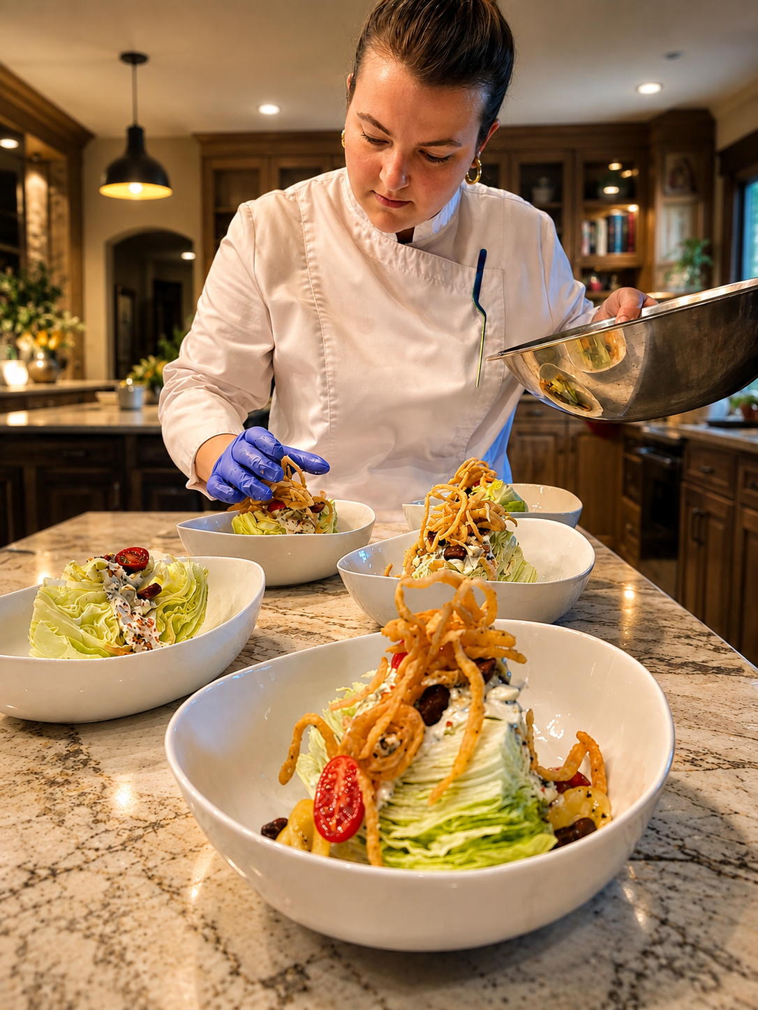 Gourmet All Day chef plating individual salads in client's kitchen