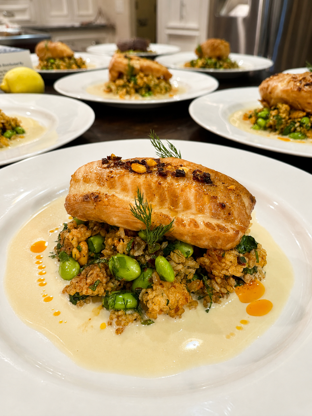 Seared Chilean sea bass entree served with crispy rice and coconut lemongrass broth