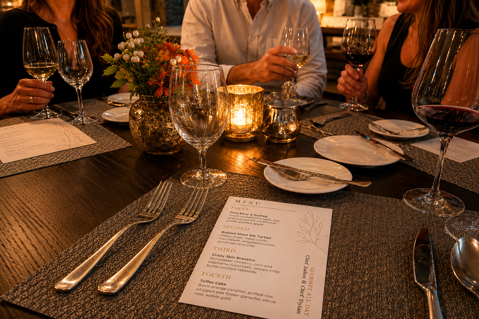 Guests gathered around a candlelit table during a private dinner