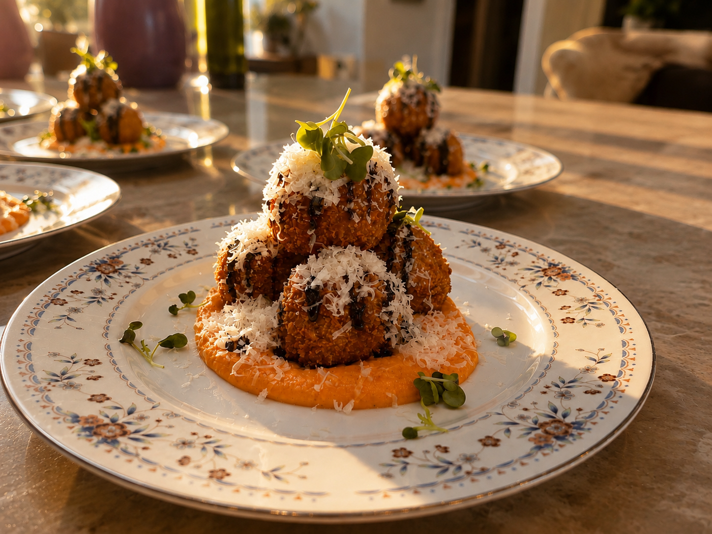 Crispy arancini appetizer finished with cheese and microgreens