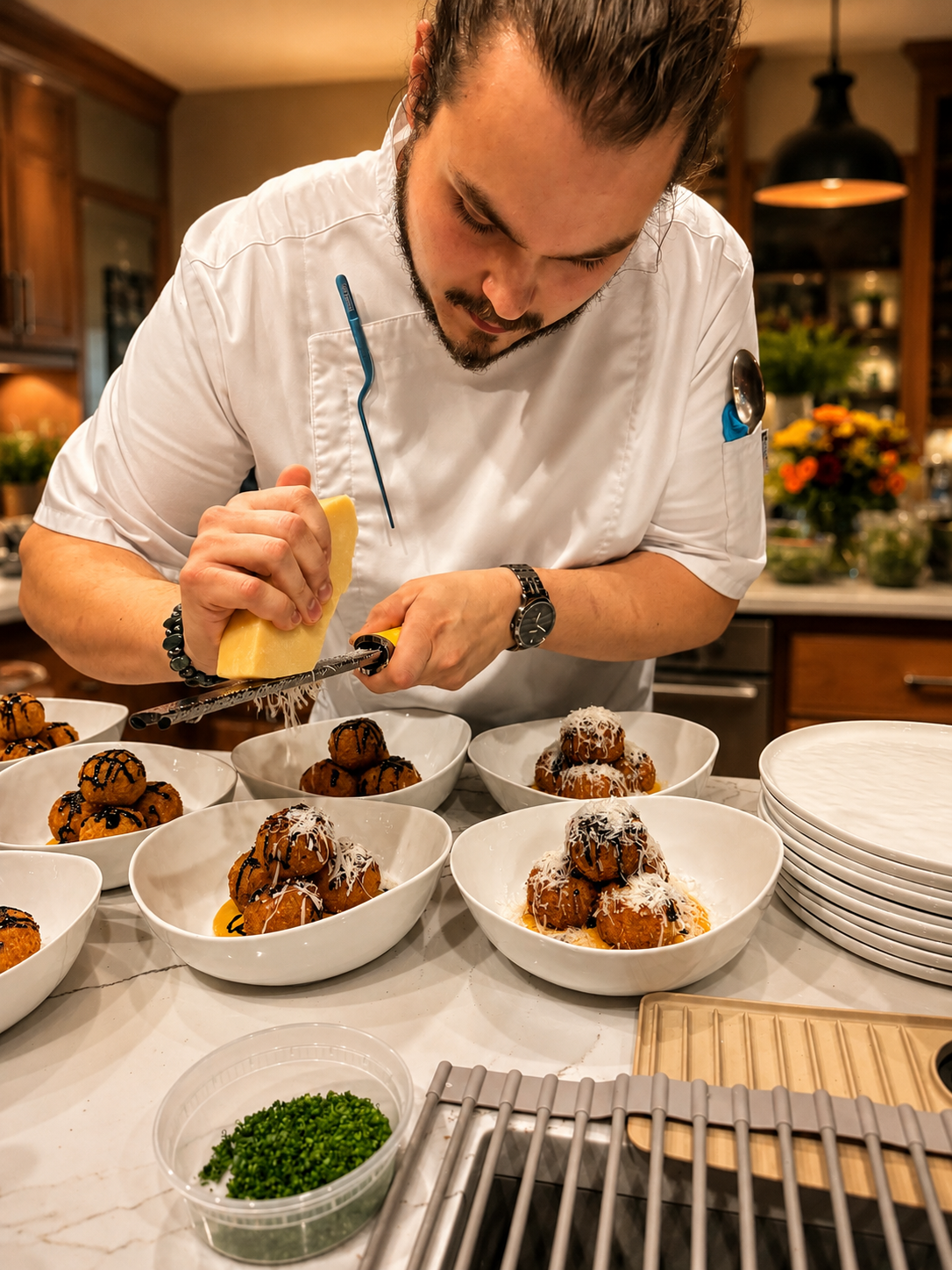 Gourmet All Day chef finishing individual dishes during a private event