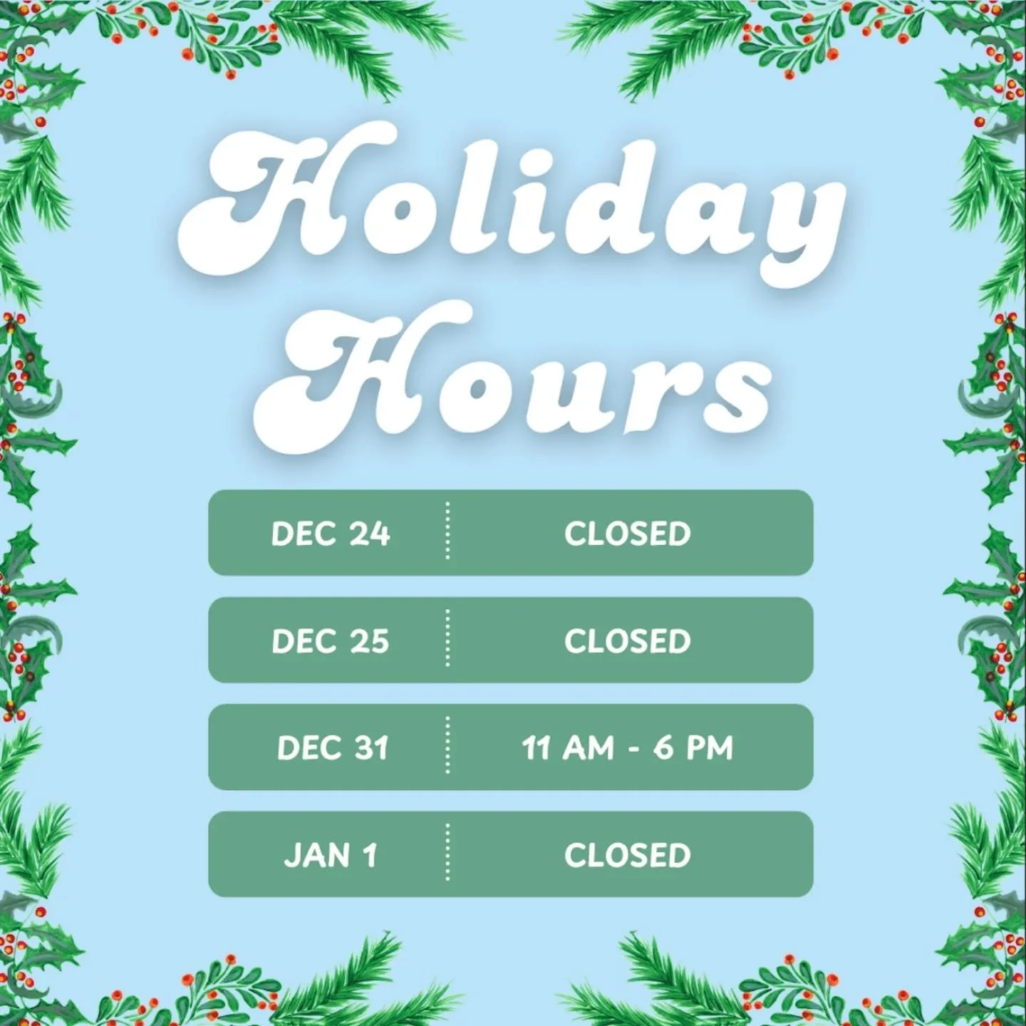 ✨Happy holidays funky friends!✨
We will be closed on Christmas Eve and Christmas Day as well as New Years Day.

We will be open 11 am - 6 pm today (12/22) and tomorrow (12/23) so there is still plenty of time to come grab those last minute gifts! 🎁