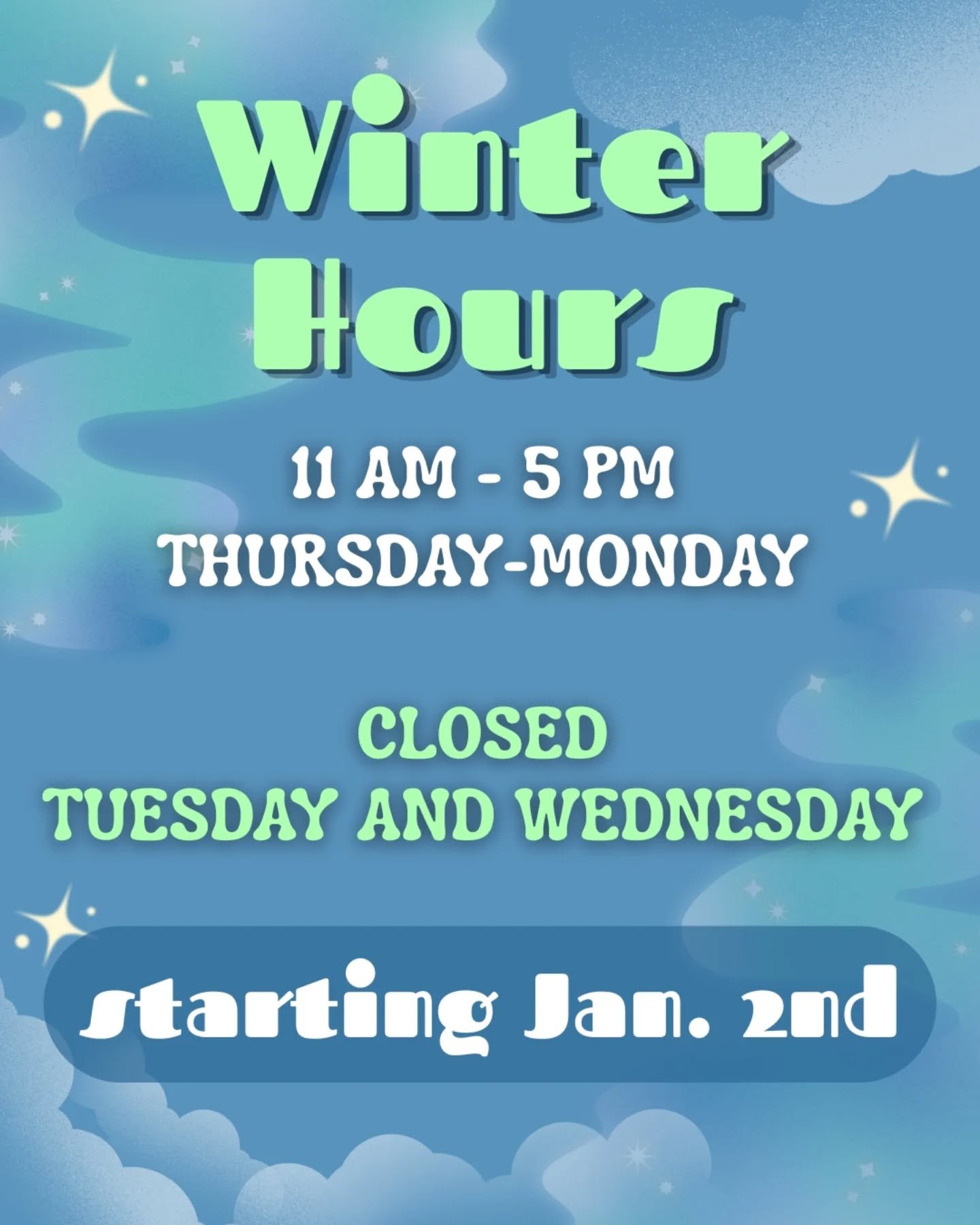 🎇Happy New Year funky friends!🎇
Starting tomorrow we will be switching over to our winter hours. 
We will be closed on Tuesdays and Wednesdays. 
Come see us Thursday - Monday 11am - 5pm.
